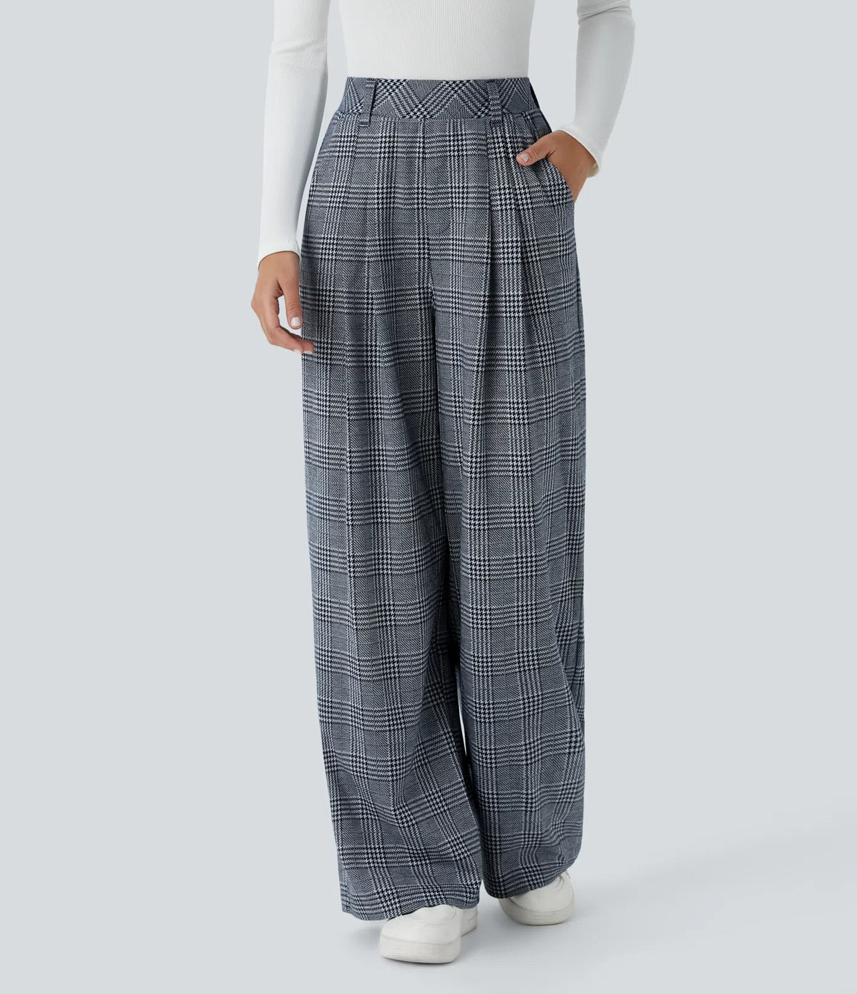 Pantalones casuales de talle alto con bolsillos, pierna ancha estilo baggy y estampado pata de gallo