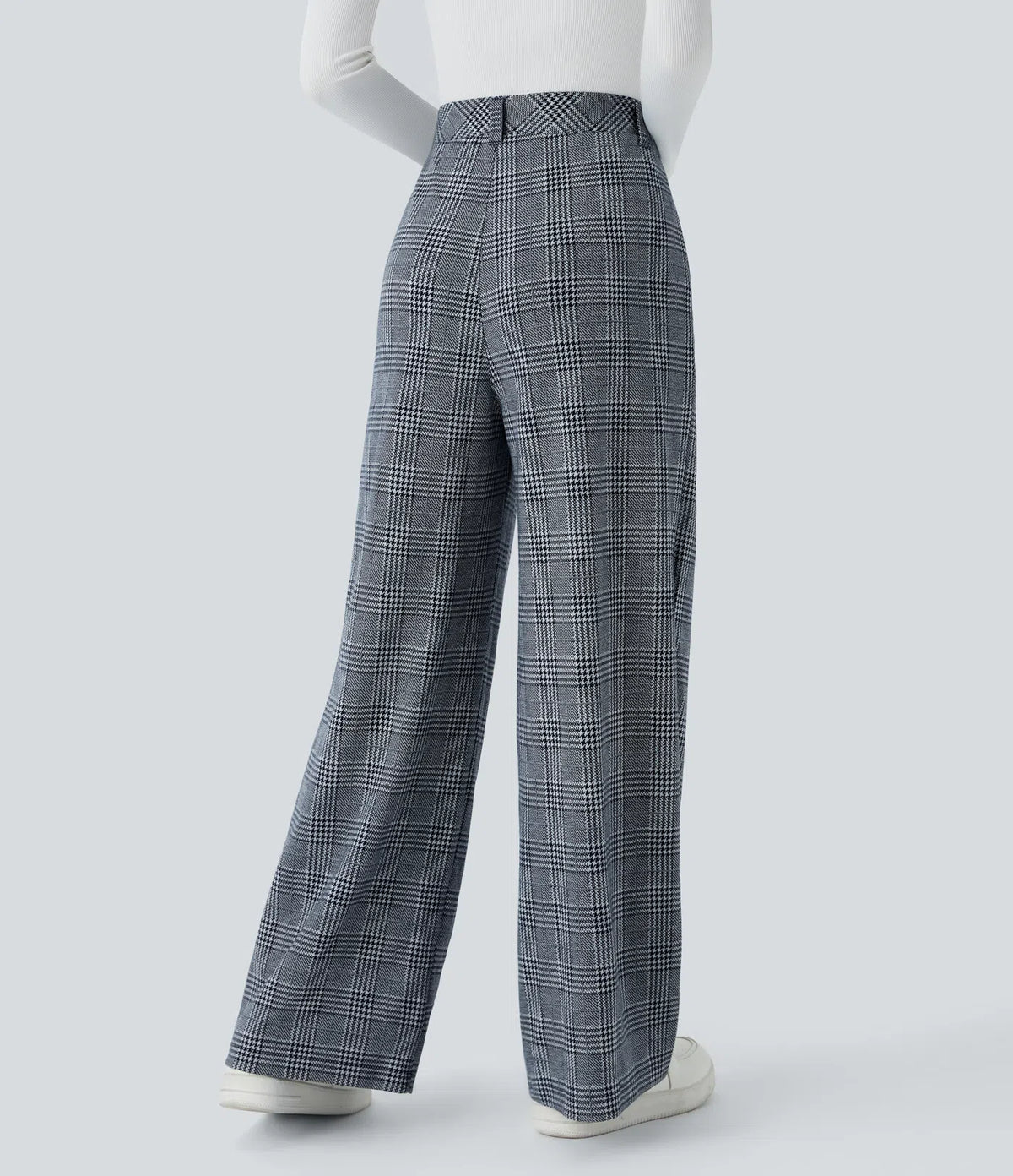 Pantalones casuales de talle alto con bolsillos, pierna ancha estilo baggy y estampado pata de gallo