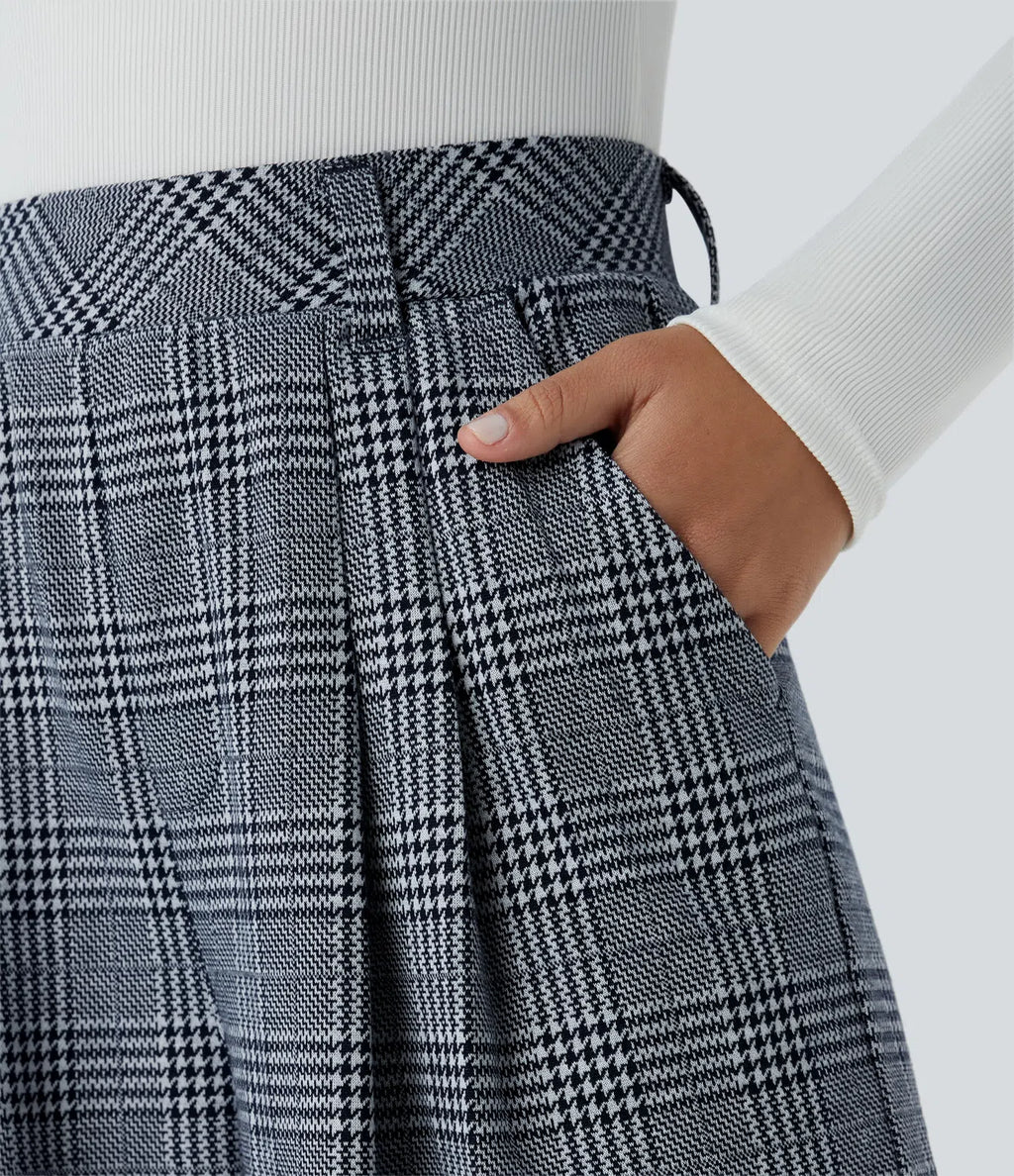 Pantalones casuales de talle alto con bolsillos, pierna ancha estilo baggy y estampado pata de gallo