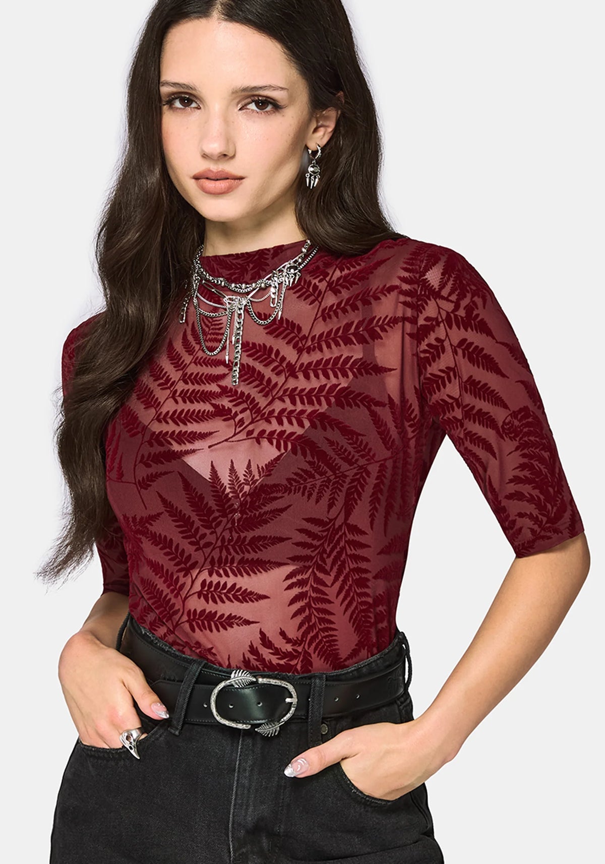 Top de malla de manga corta con estampado de helecho flocado Lunafern
