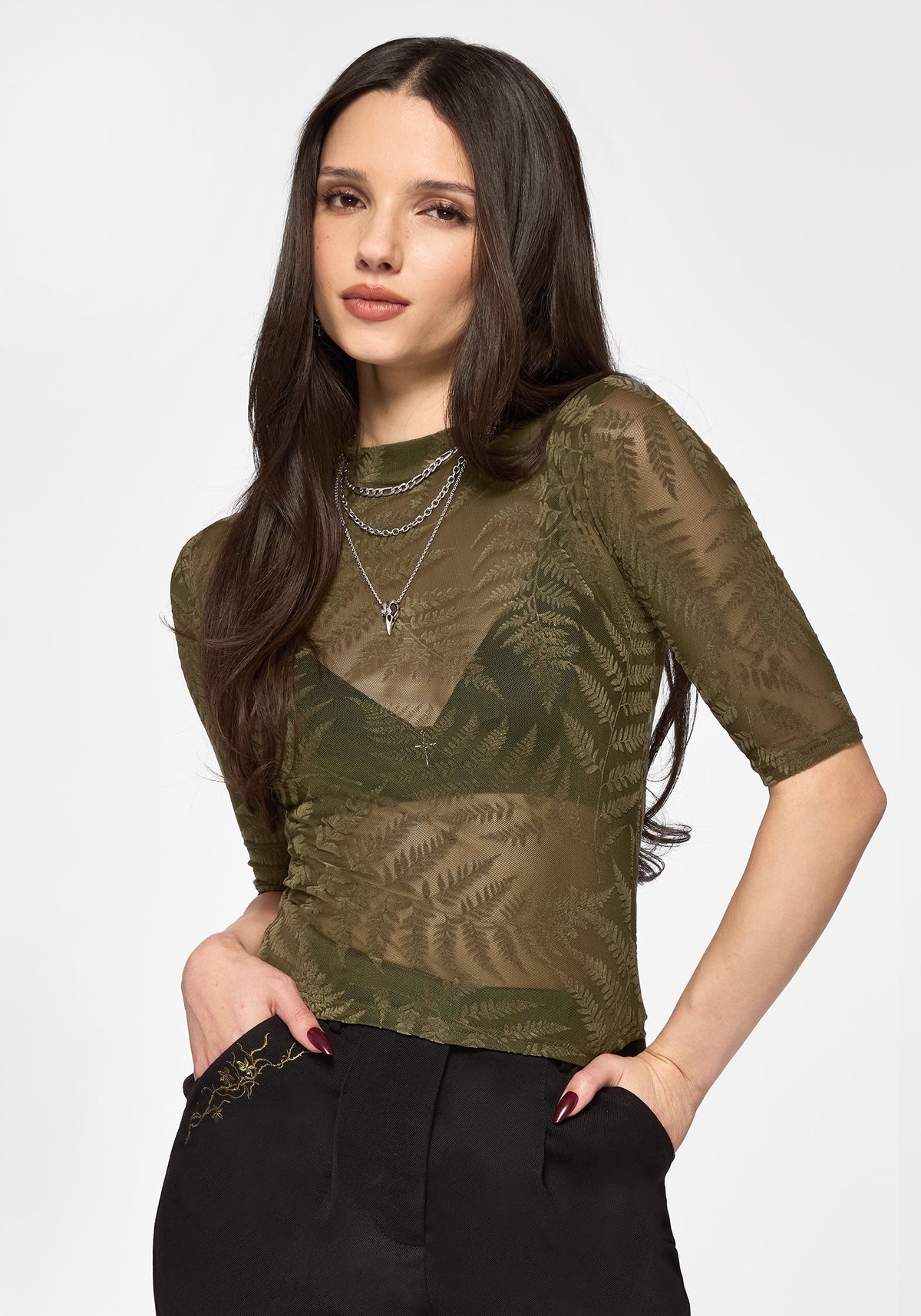 Top de malla de manga corta con estampado de helecho flocado Lunafern