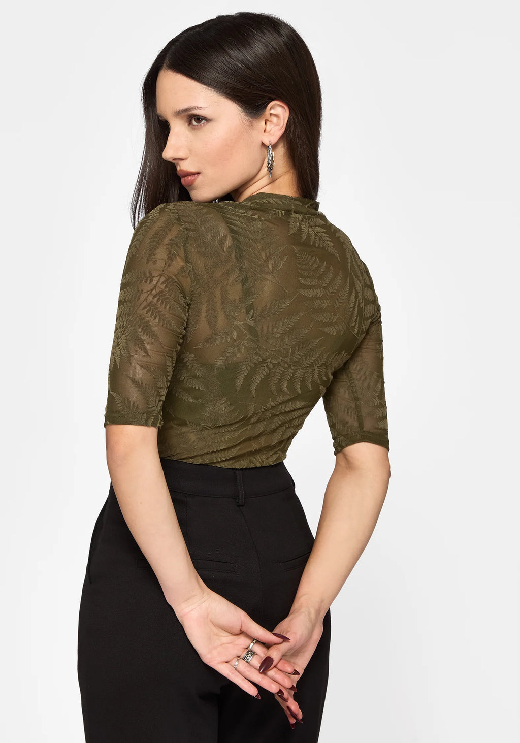 Top de malla de manga corta con estampado de helecho flocado Lunafern