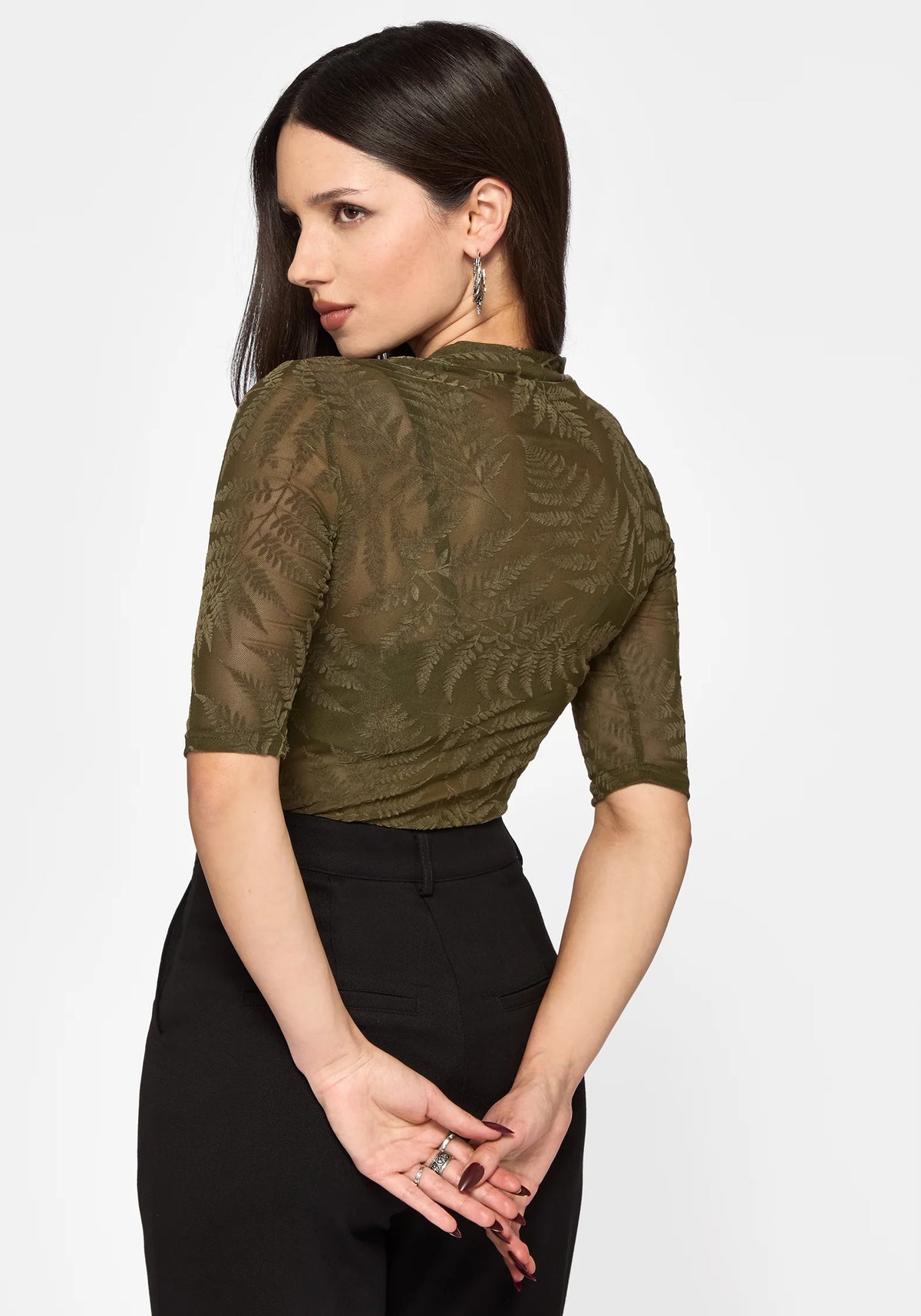 Top de malla de manga corta con estampado de helecho flocado Lunafern