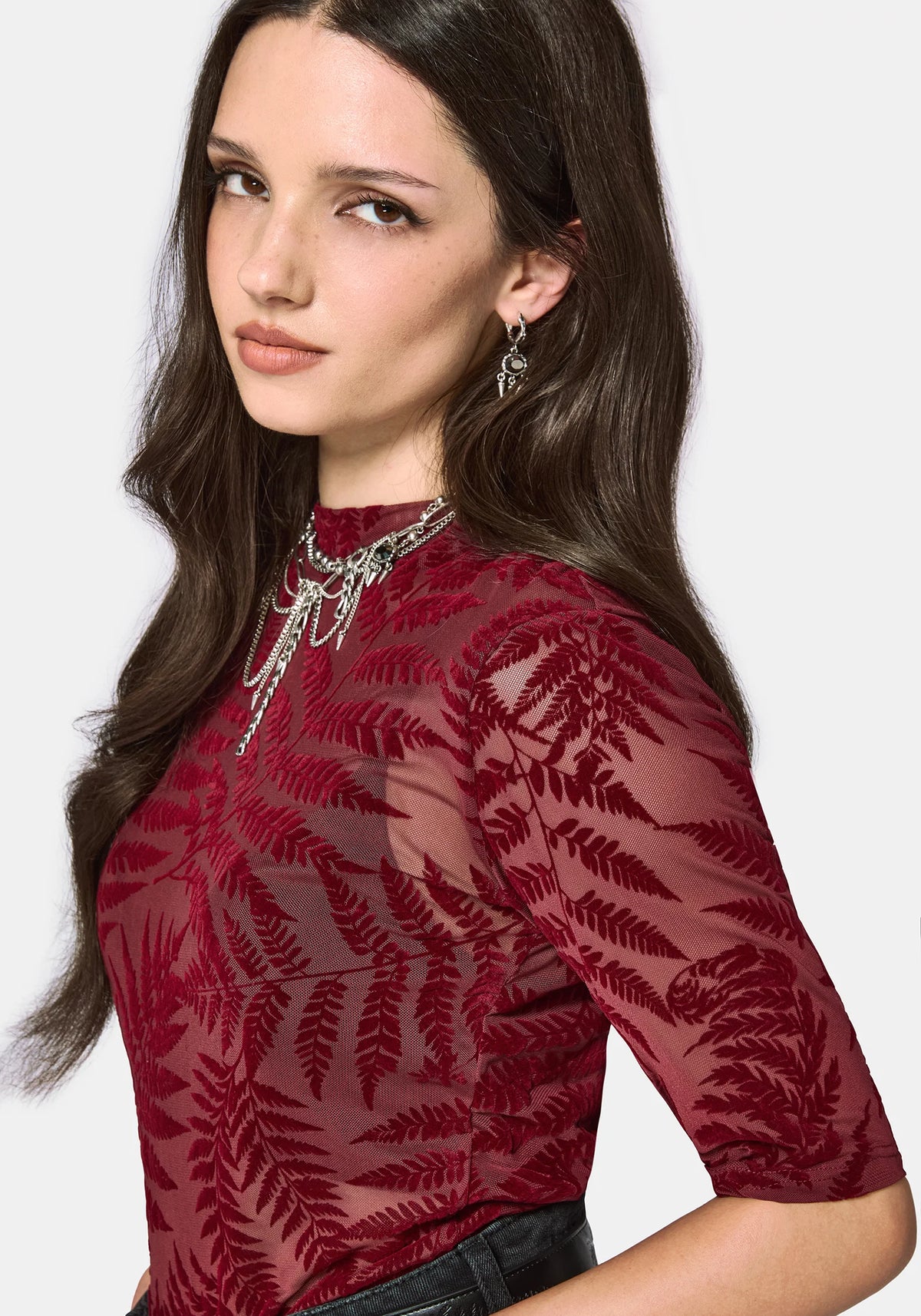 Top de malla de manga corta con estampado de helecho flocado Lunafern