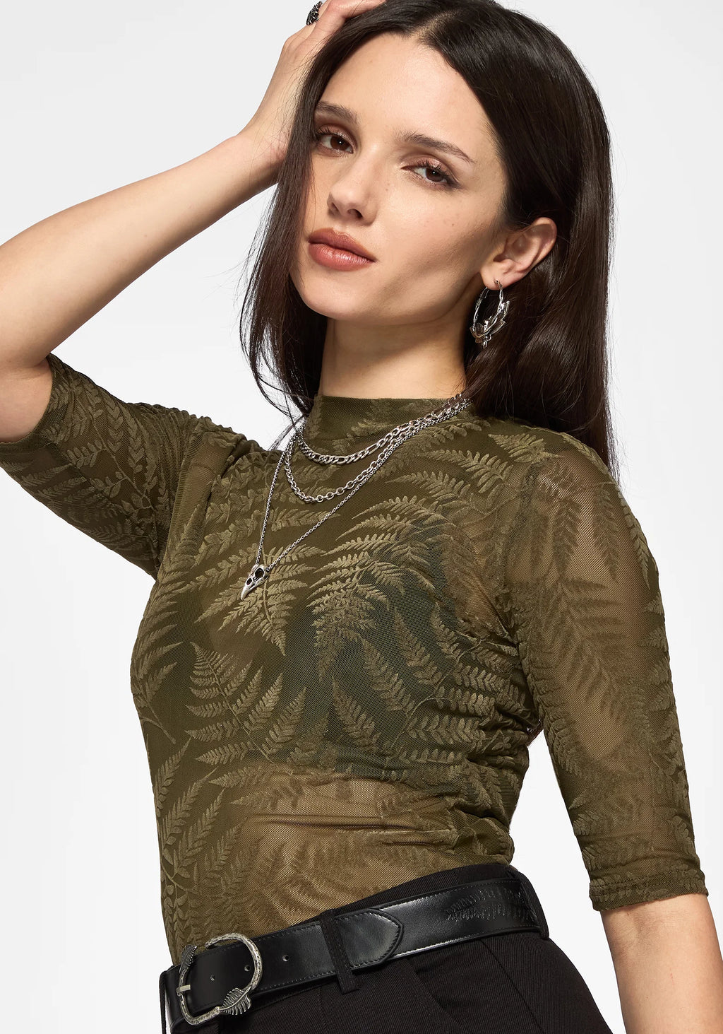 Top de malla de manga corta con estampado de helecho flocado Lunafern