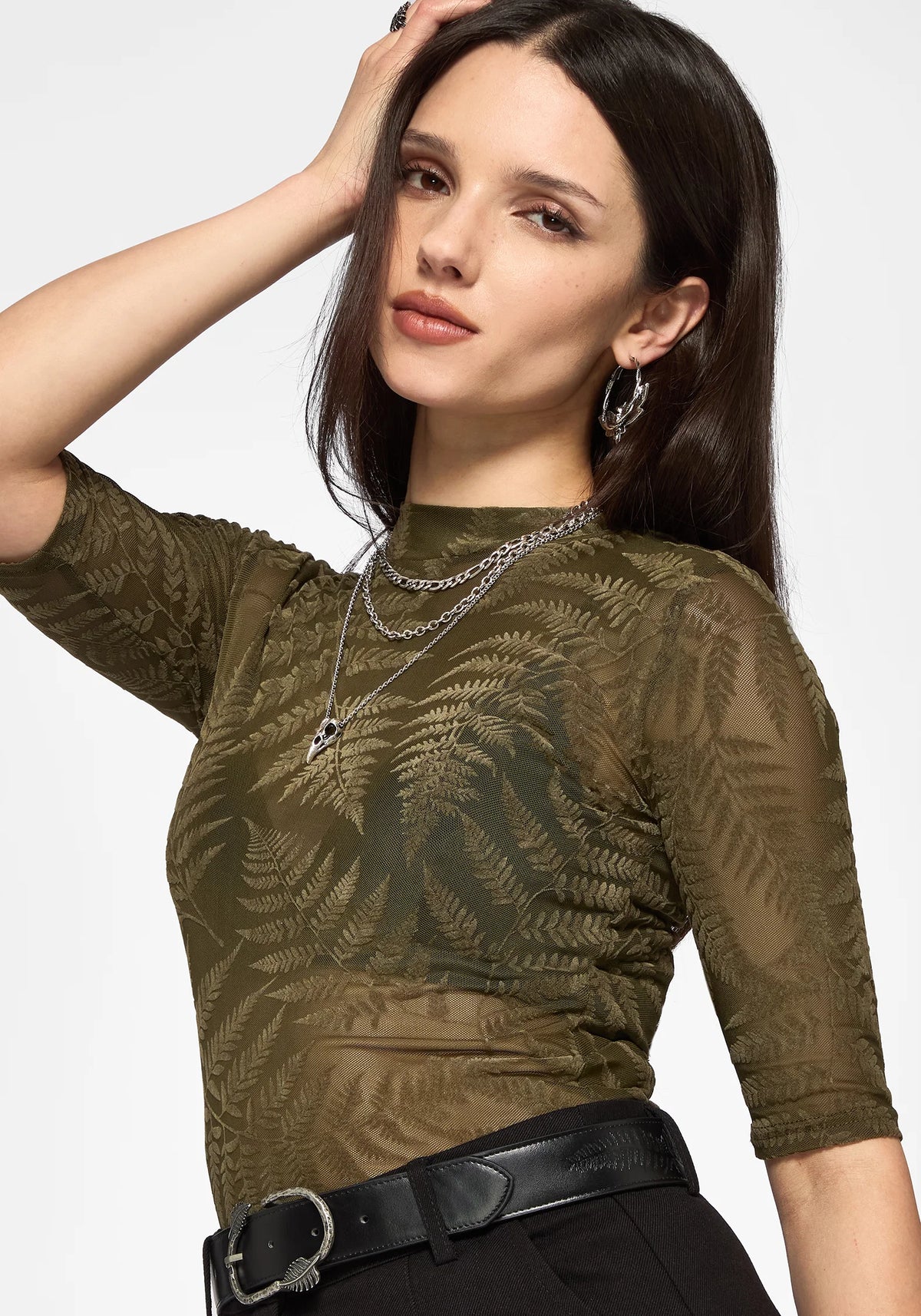 Top de malla de manga corta con estampado de helecho flocado Lunafern