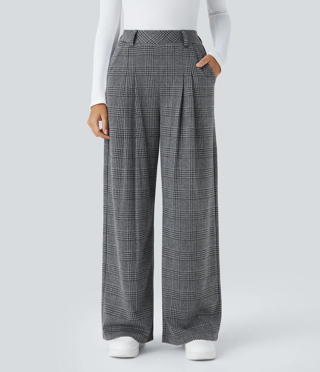 Pantalones casuales de talle alto con bolsillos, pierna ancha estilo baggy y estampado pata de gallo