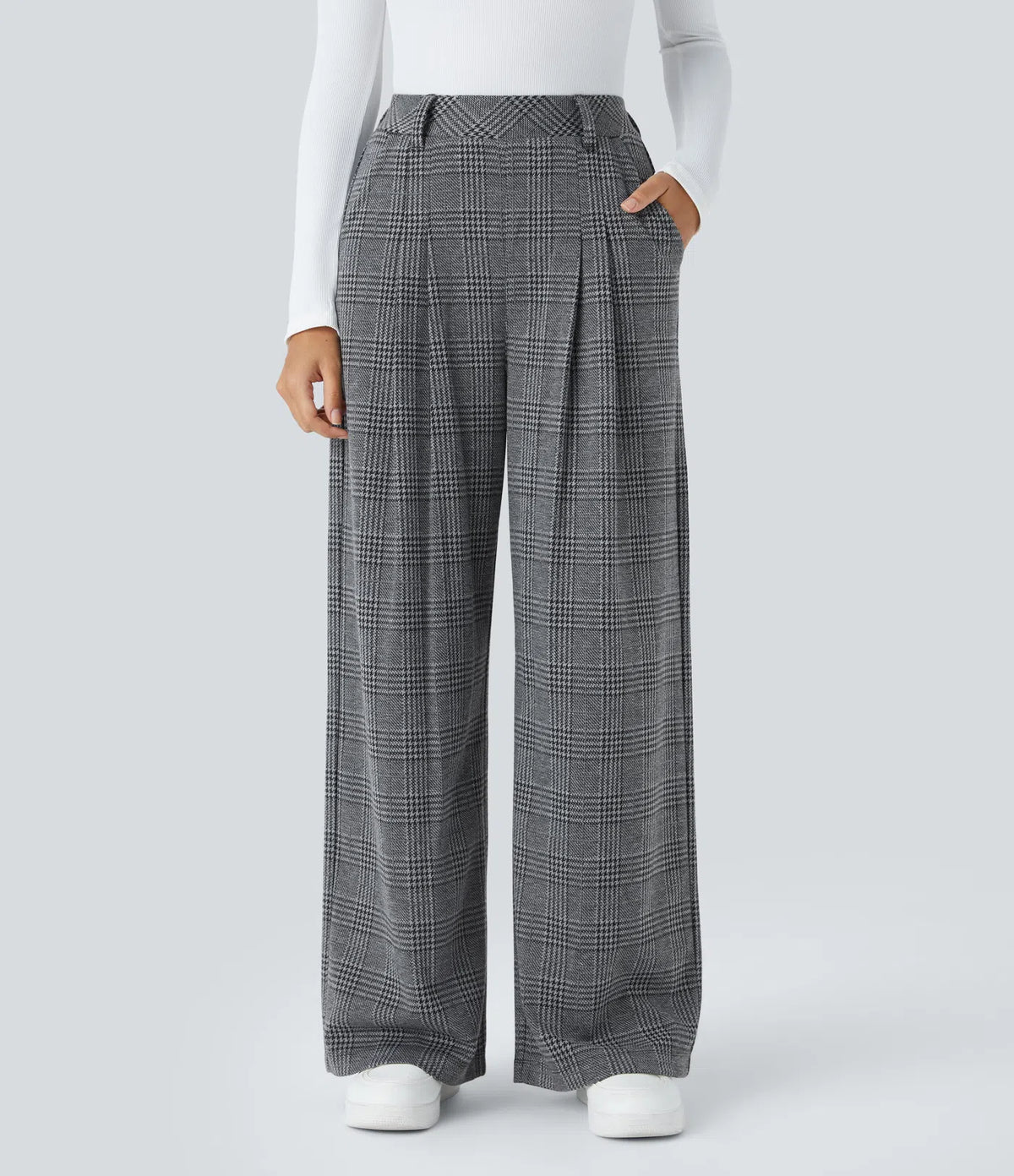 Pantalones casuales de talle alto con bolsillos, pierna ancha estilo baggy y estampado pata de gallo
