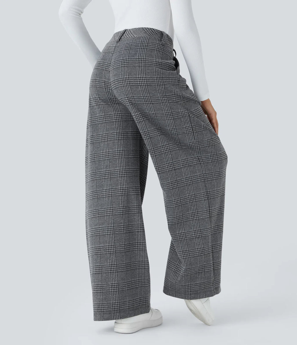 Pantalones casuales de talle alto con bolsillos, pierna ancha estilo baggy y estampado pata de gallo