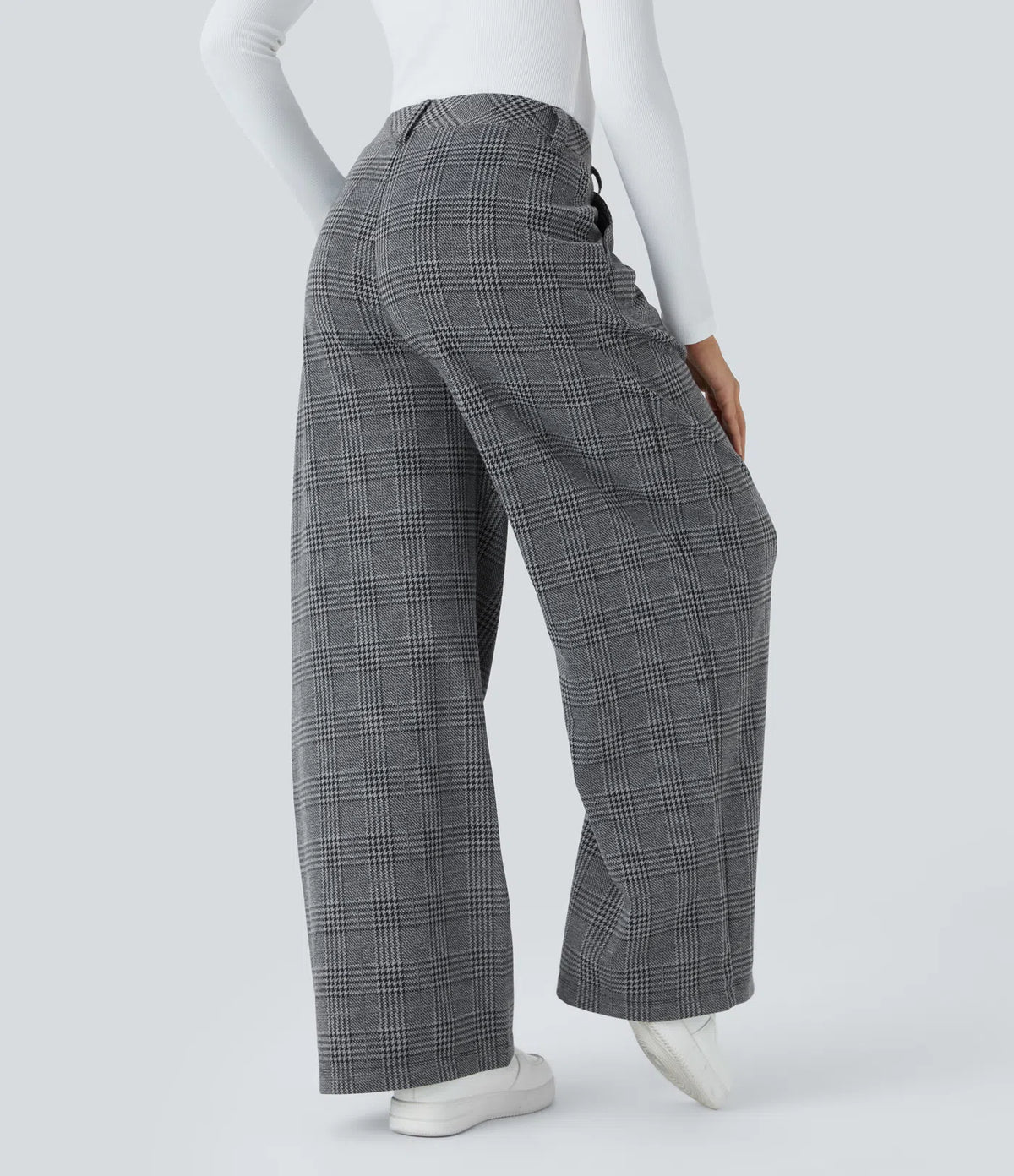Pantalones casuales de talle alto con bolsillos, pierna ancha estilo baggy y estampado pata de gallo