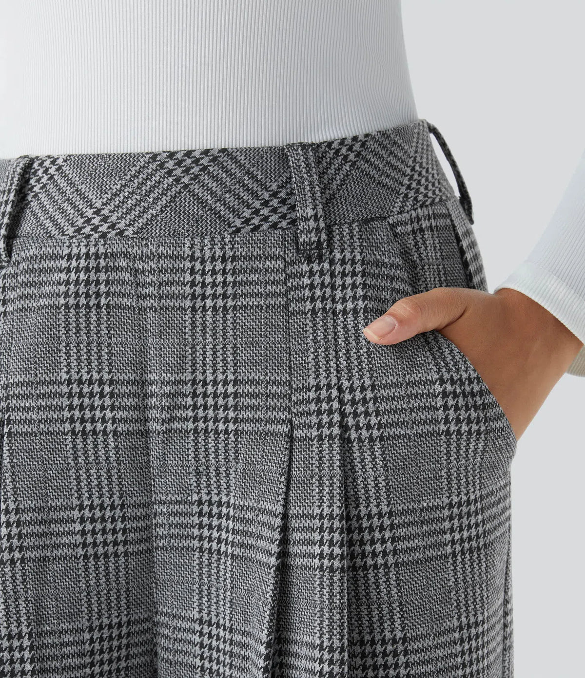 Pantalones casuales de talle alto con bolsillos, pierna ancha estilo baggy y estampado pata de gallo