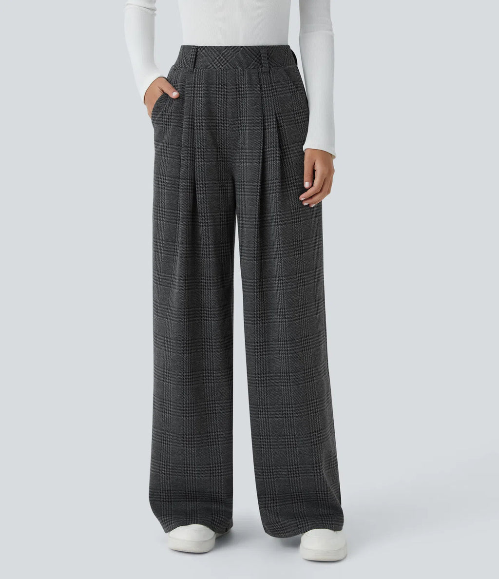 Pantalones casuales de talle alto con bolsillos, pierna ancha estilo baggy y estampado pata de gallo