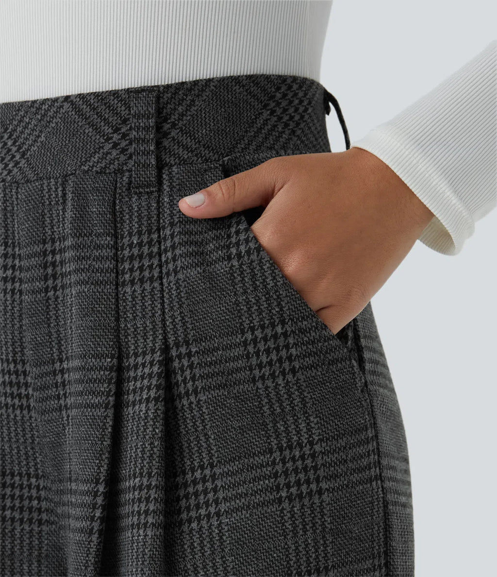 Pantalones casuales de talle alto con bolsillos, pierna ancha estilo baggy y estampado pata de gallo
