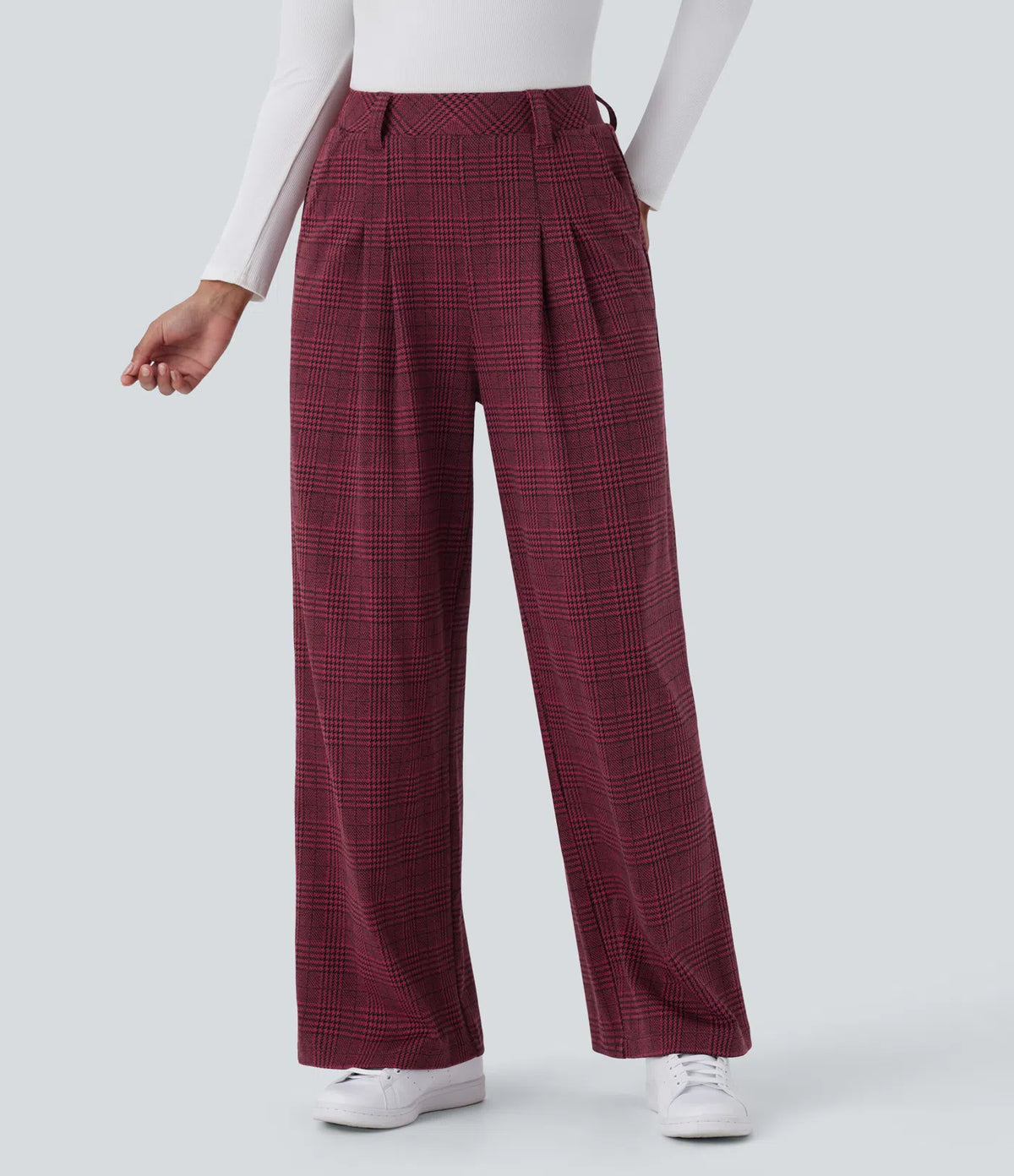 Pantalones casuales de talle alto con bolsillos, pierna ancha estilo baggy y estampado pata de gallo