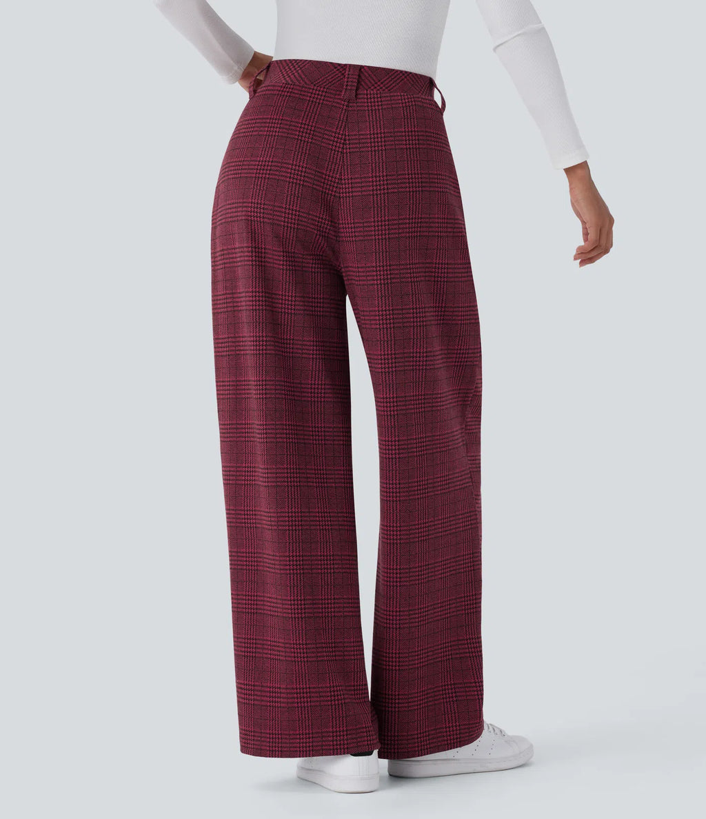 Pantalones casuales de talle alto con bolsillos, pierna ancha estilo baggy y estampado pata de gallo