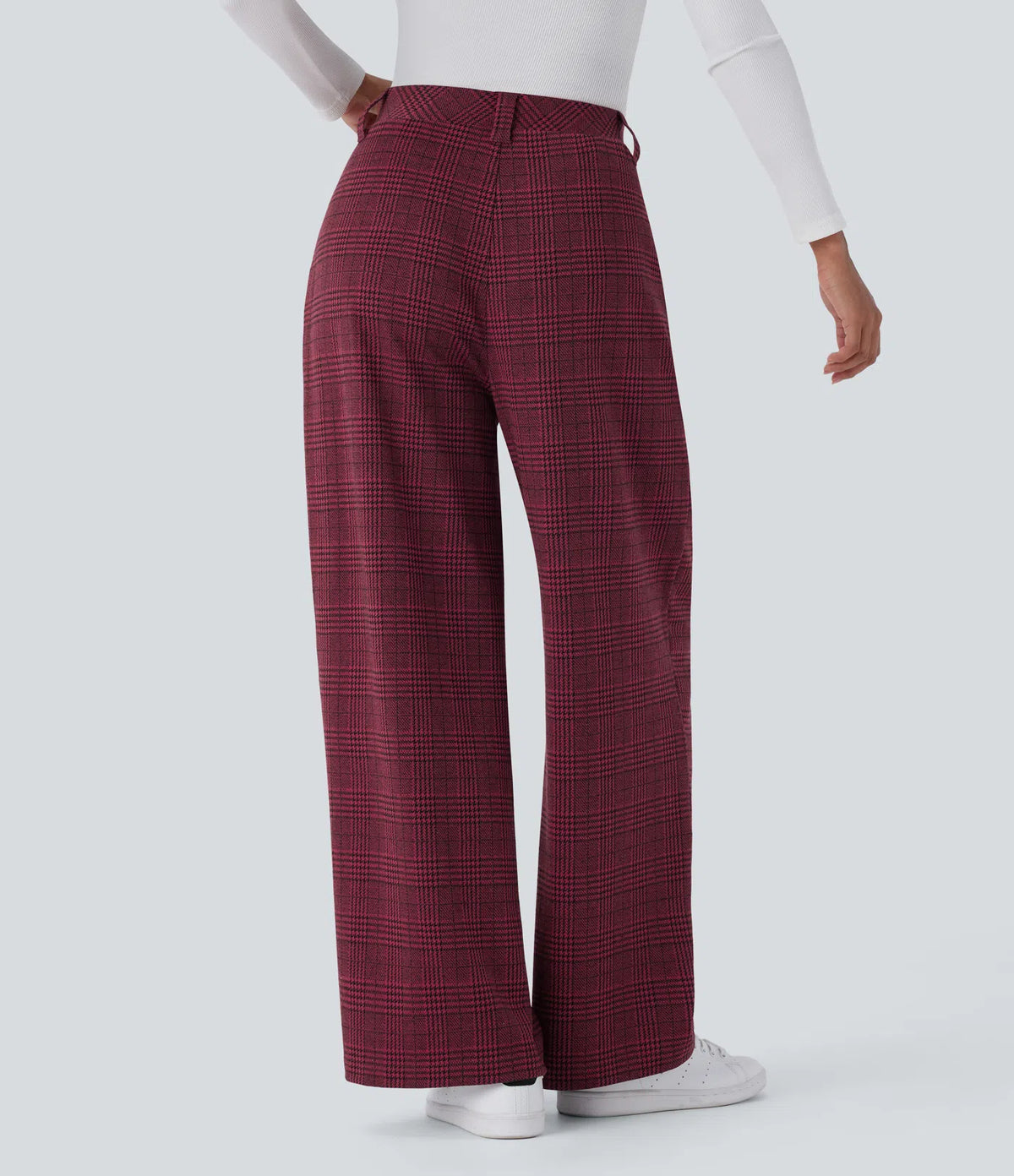 Pantalones casuales de talle alto con bolsillos, pierna ancha estilo baggy y estampado pata de gallo