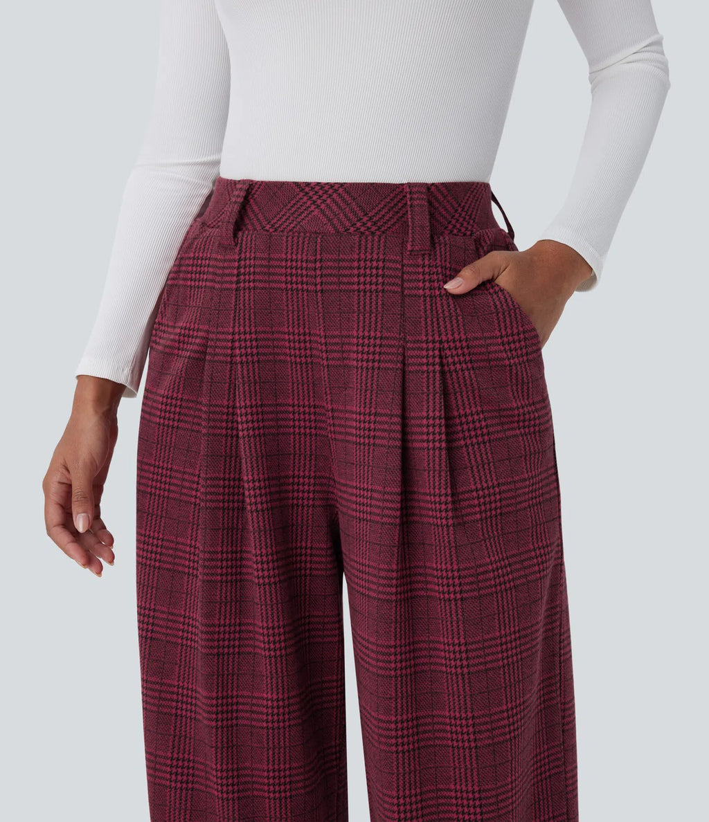 Pantalones casuales de talle alto con bolsillos, pierna ancha estilo baggy y estampado pata de gallo