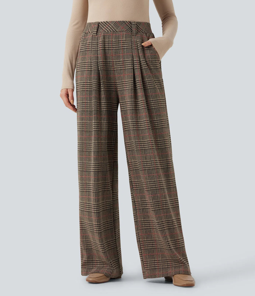 Pantalones casuales de talle alto con bolsillos, pierna ancha estilo baggy y estampado pata de gallo