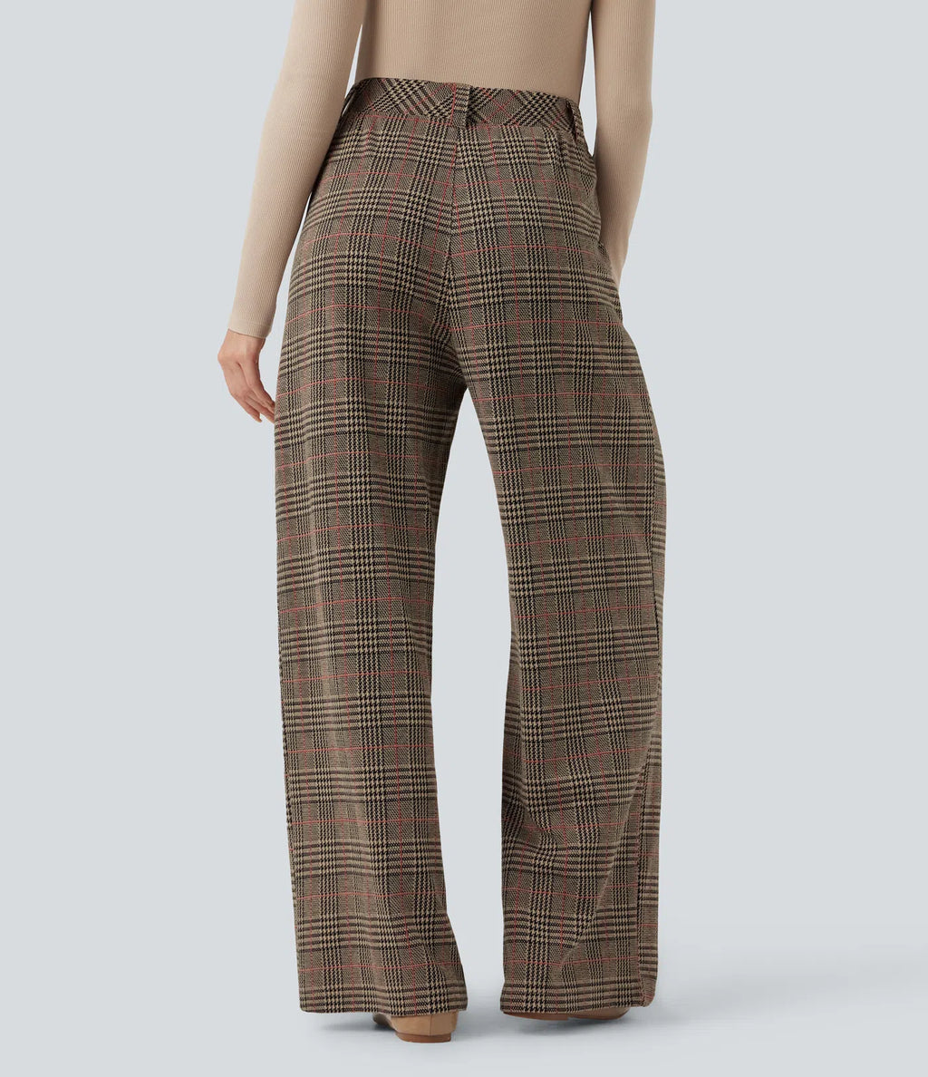 Pantalones casuales de talle alto con bolsillos, pierna ancha estilo baggy y estampado pata de gallo