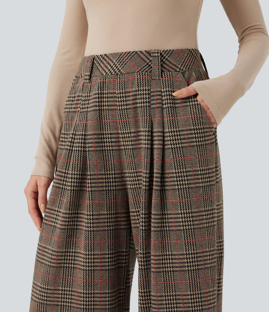 Pantalones casuales de talle alto con bolsillos, pierna ancha estilo baggy y estampado pata de gallo