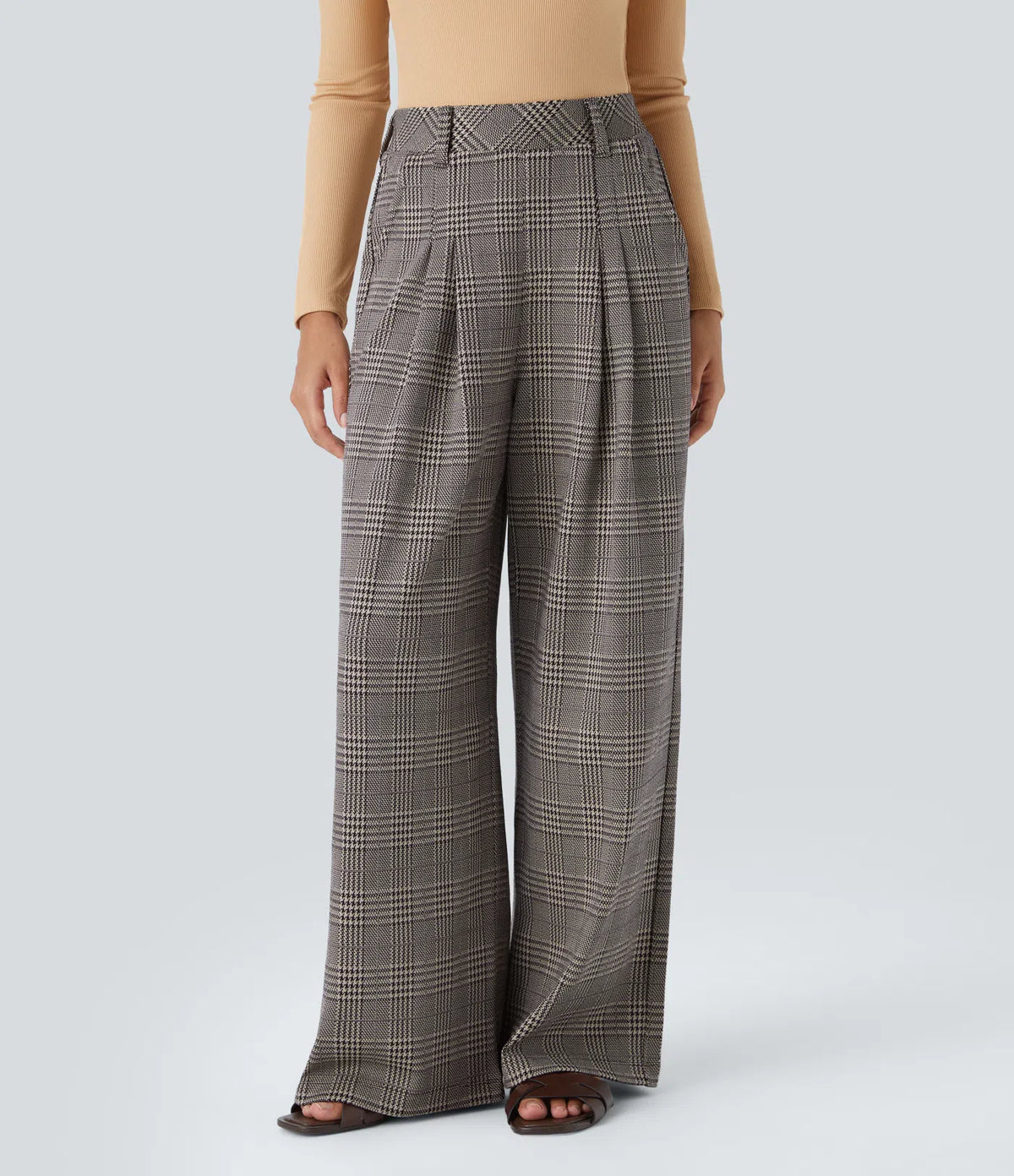 Pantalones casuales de talle alto con bolsillos, pierna ancha estilo baggy y estampado pata de gallo