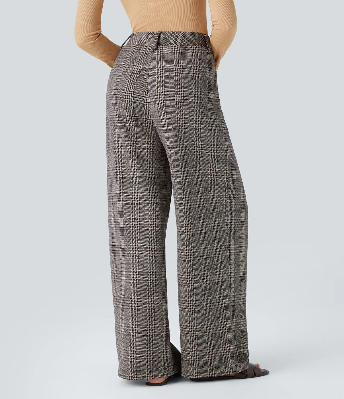 Pantalones casuales de talle alto con bolsillos, pierna ancha estilo baggy y estampado pata de gallo