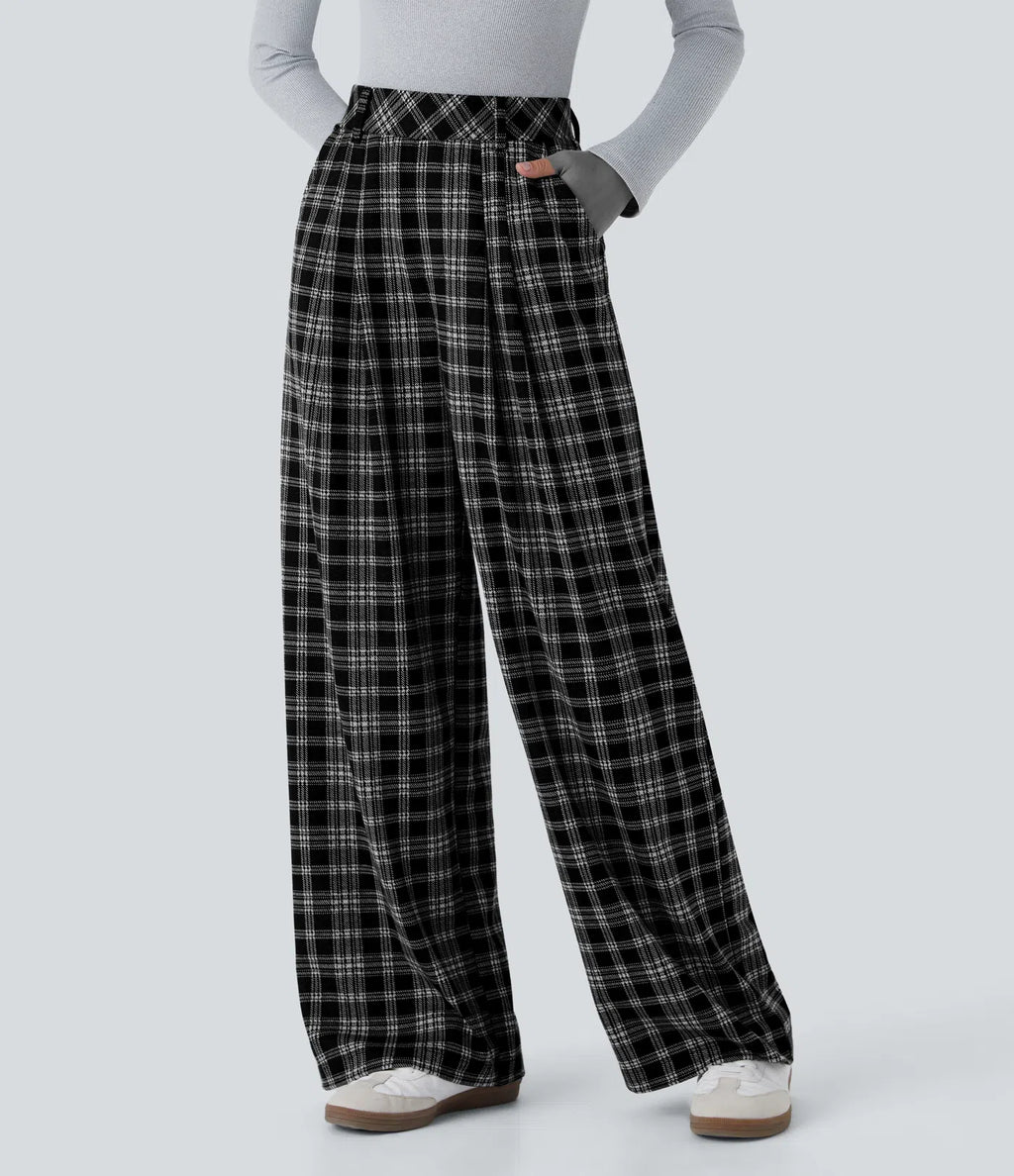 Pantalones casuales de talle alto con bolsillos, pierna ancha estilo baggy y estampado pata de gallo