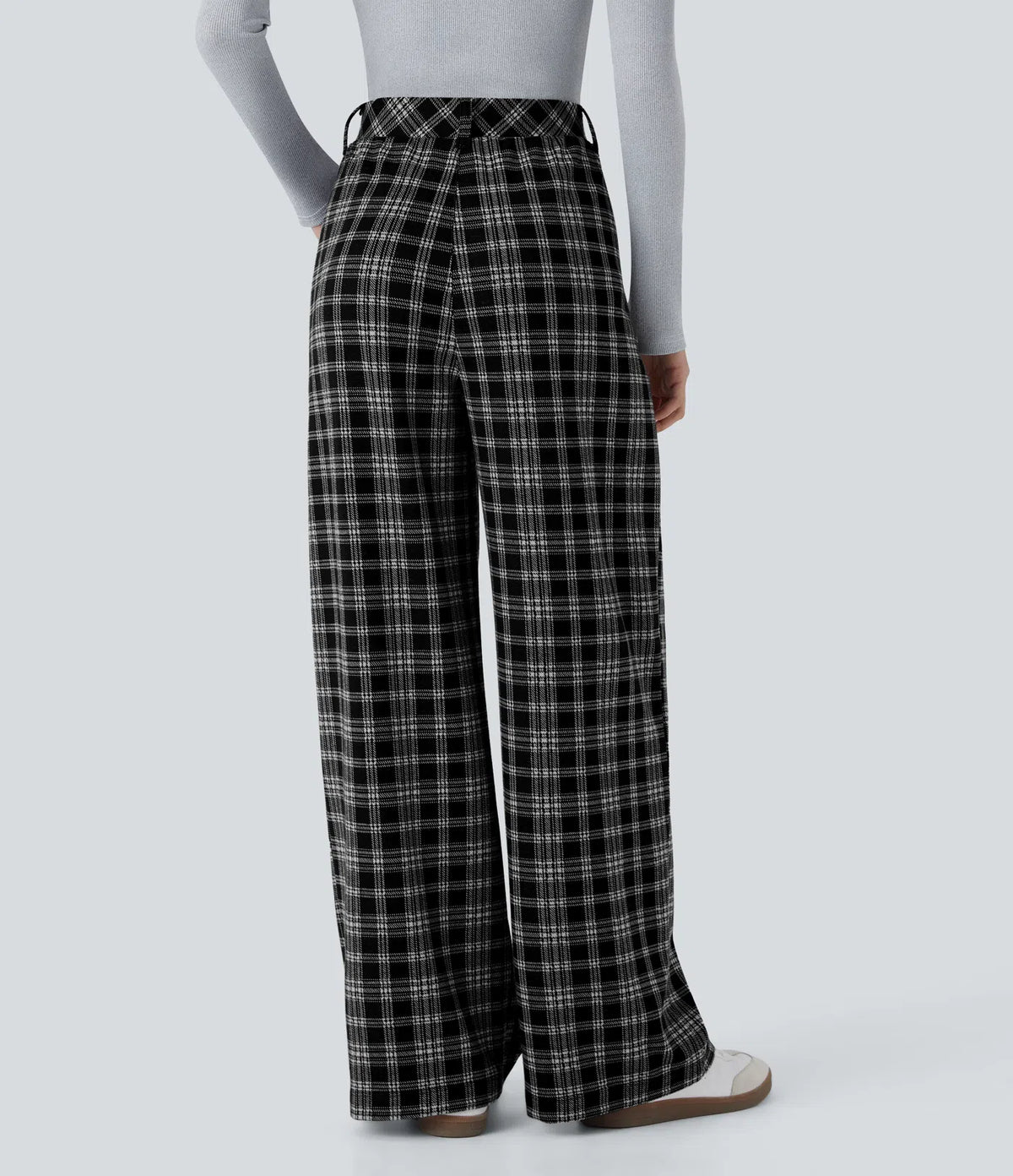 Pantalones casuales de talle alto con bolsillos, pierna ancha estilo baggy y estampado pata de gallo