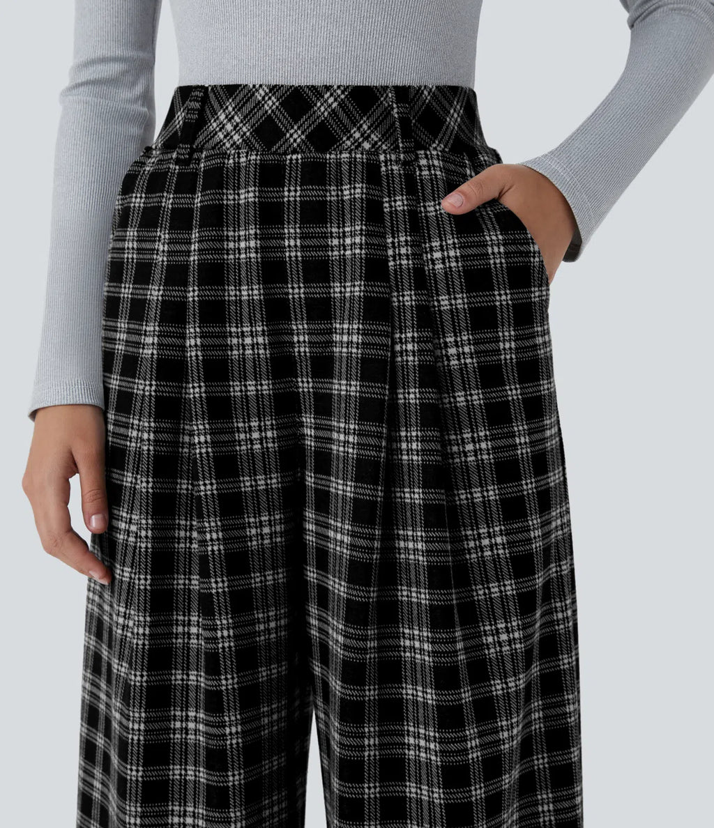 Pantalones casuales de talle alto con bolsillos, pierna ancha estilo baggy y estampado pata de gallo