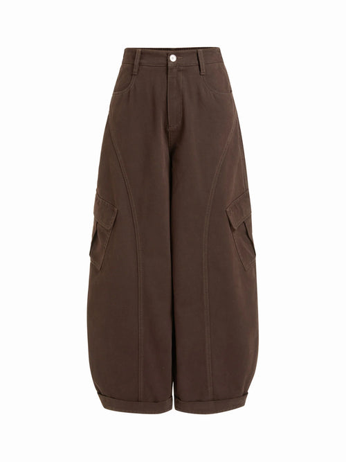 Cotton-blend Mid Rise Pocket Barrel-leg Trousers