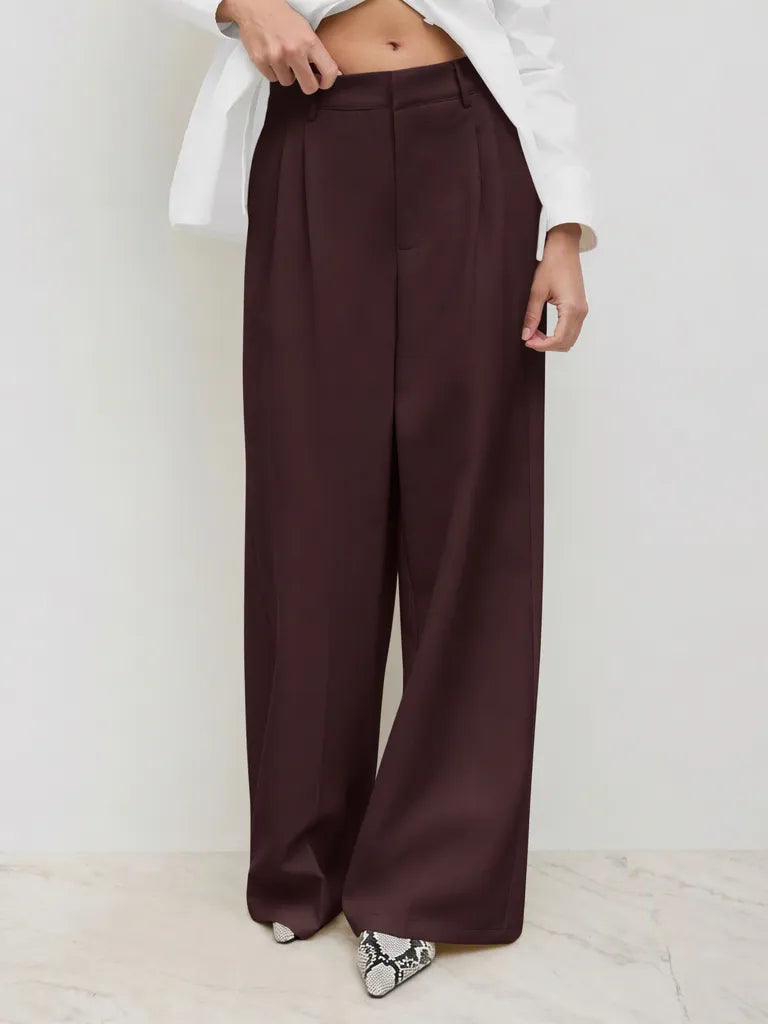 Mid Rise Pleated Wide Leg Trousers