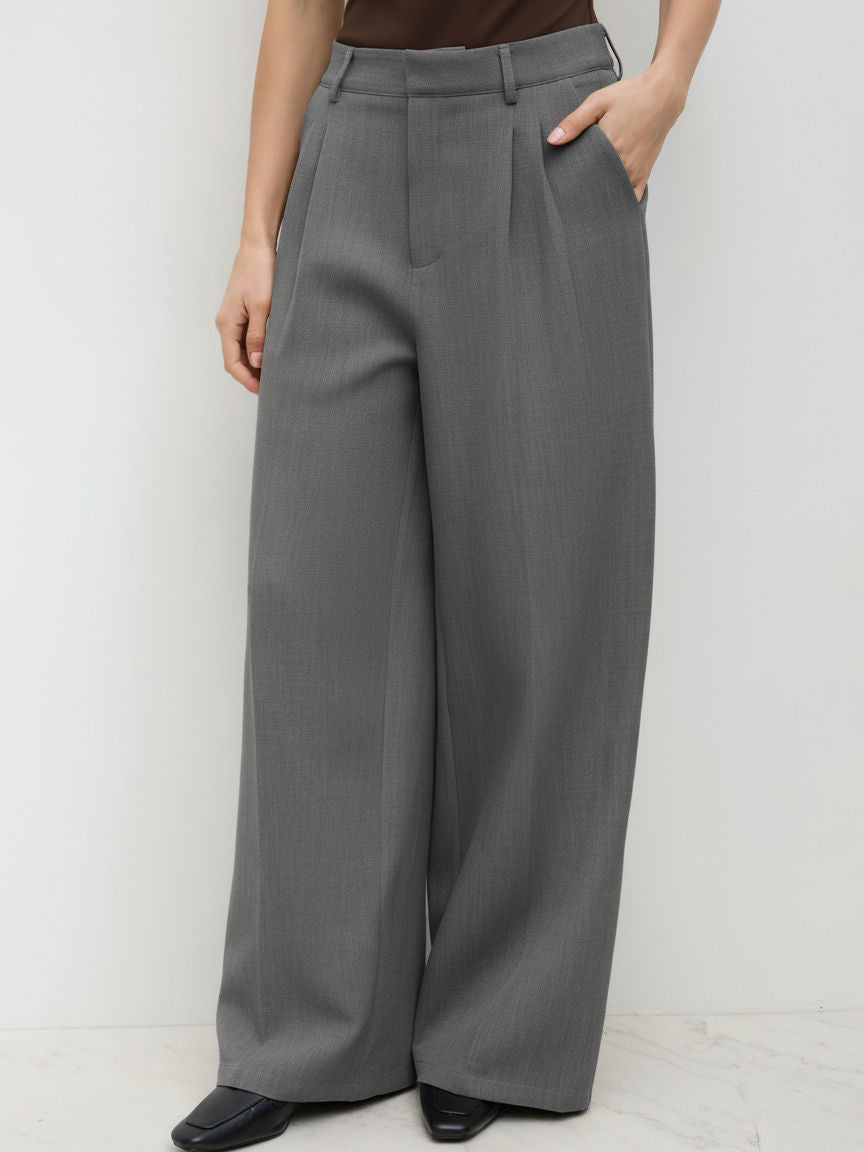 Mid Rise Pleated Wide Leg Trousers