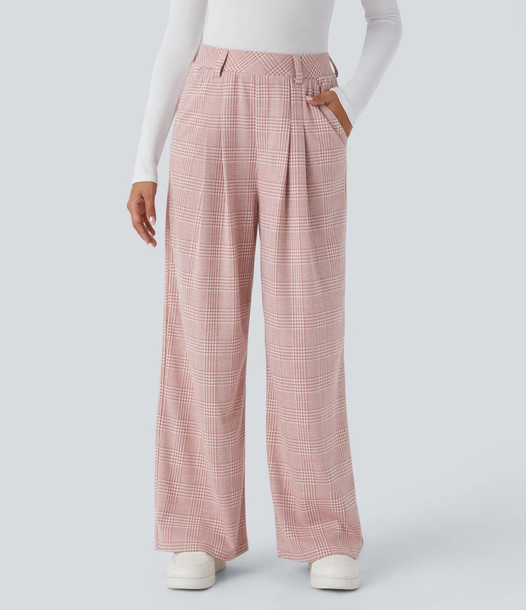 Pantalones casuales de talle alto con bolsillos, pierna ancha estilo baggy y estampado pata de gallo