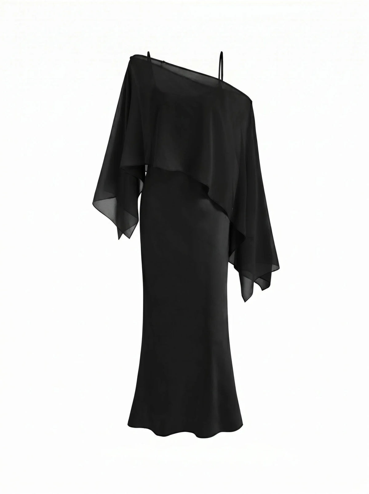 Satin Off-shoulder Cloak Sleeve Wrap Mermaid Maxi Dress