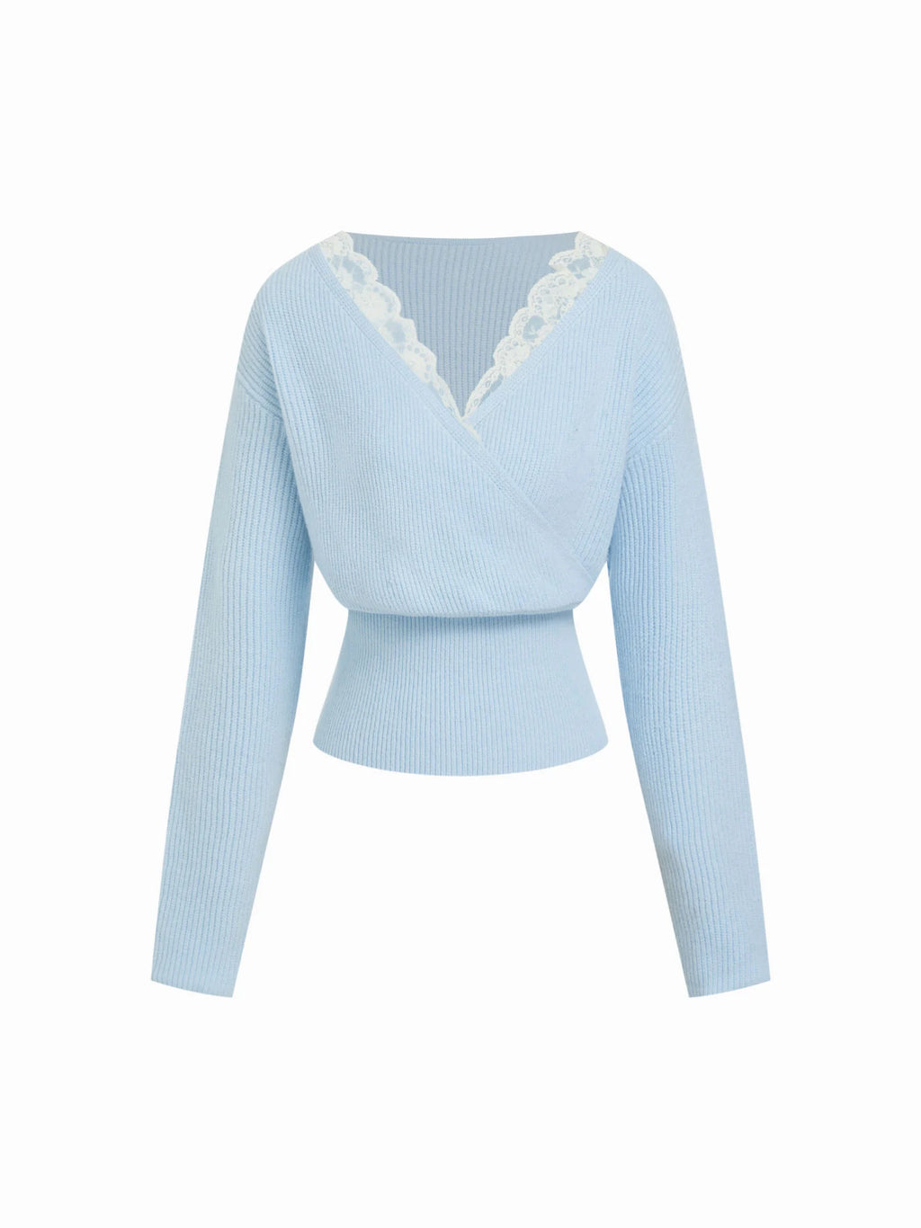 Knit V-neck Solid Lace Trim Wrap Long Sleeve Top