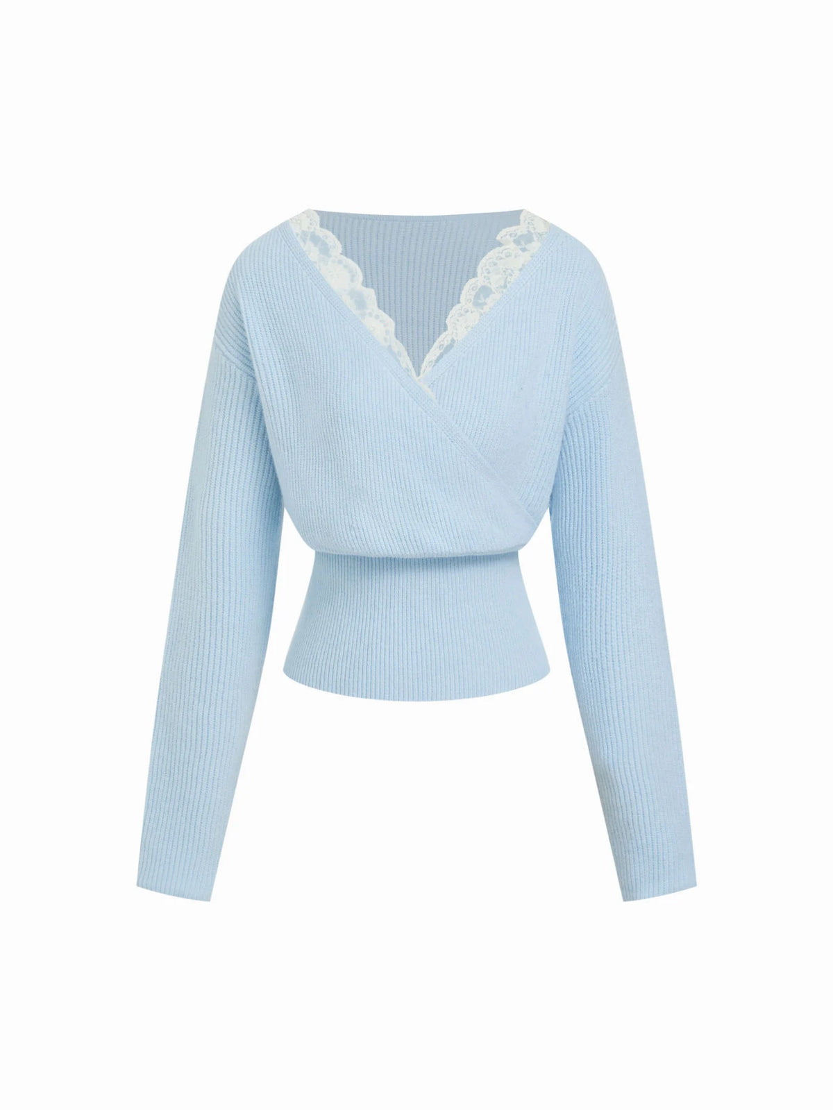 Knit V-neck Solid Lace Trim Wrap Long Sleeve Top