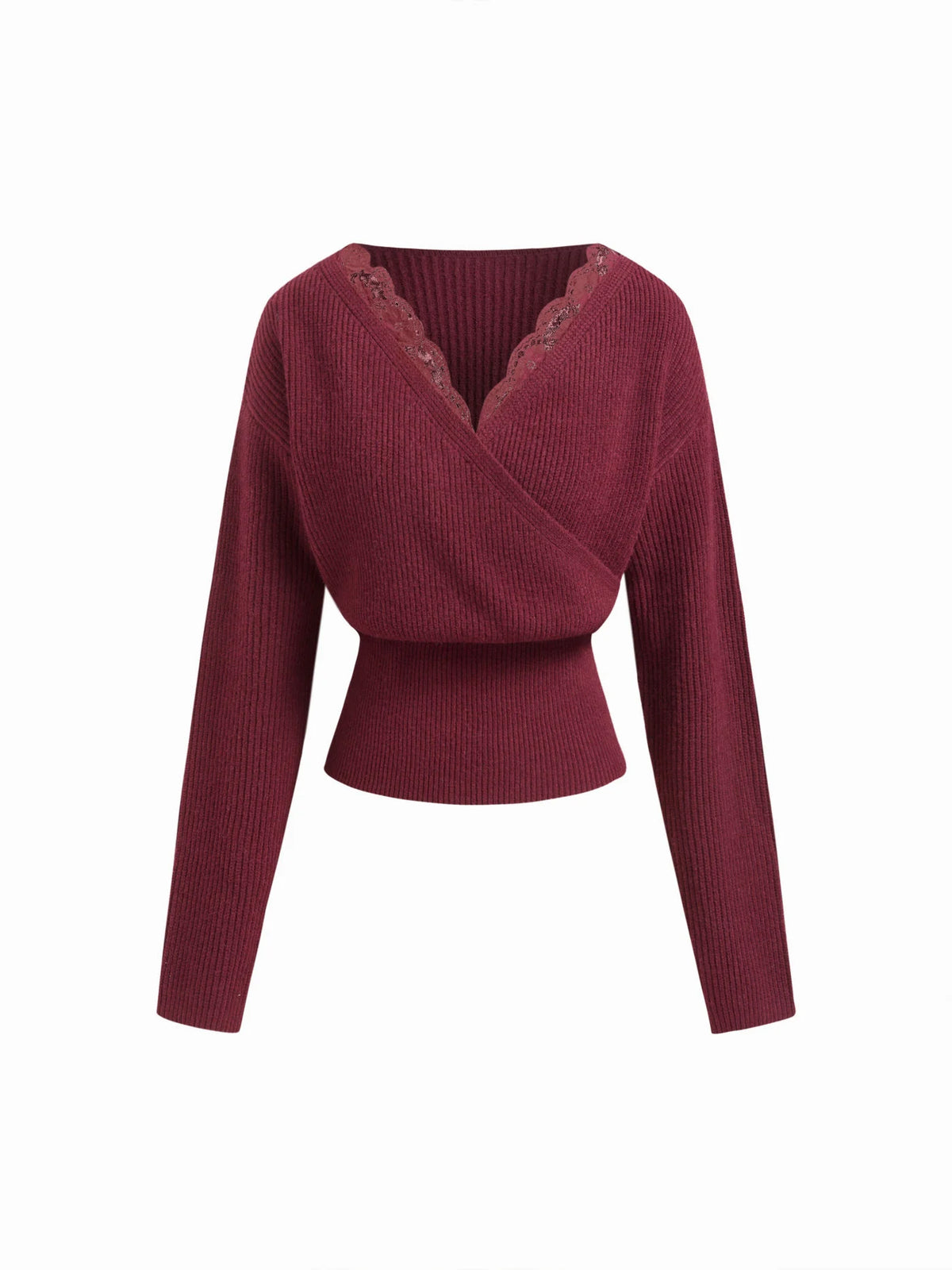 Knit V-neck Solid Lace Trim Wrap Long Sleeve Top