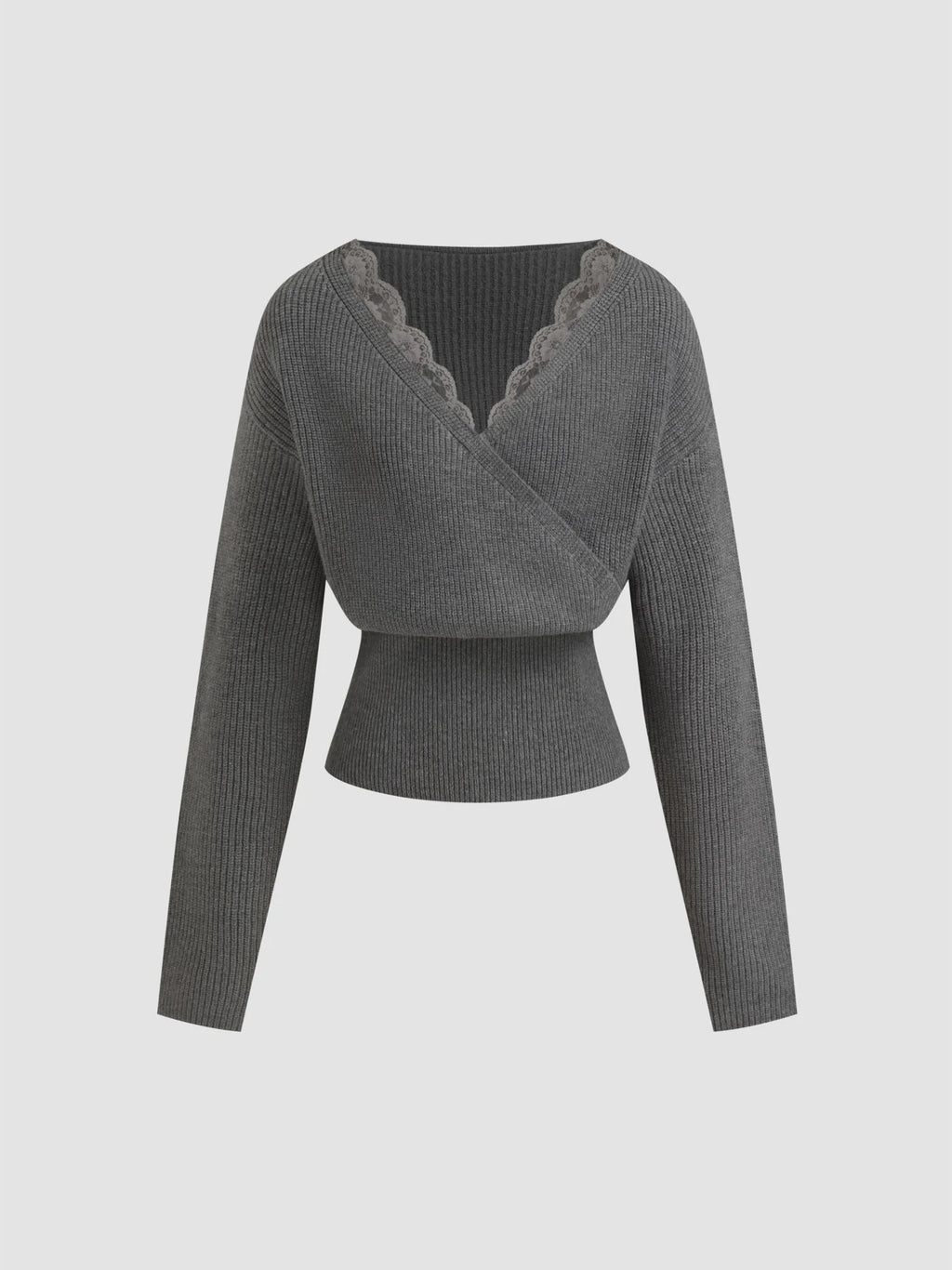 Knit V-neck Solid Lace Trim Wrap Long Sleeve Top
