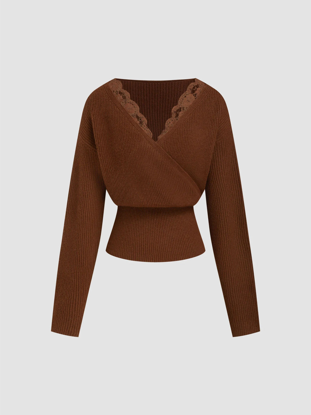 Knit V-neck Solid Lace Trim Wrap Long Sleeve Top