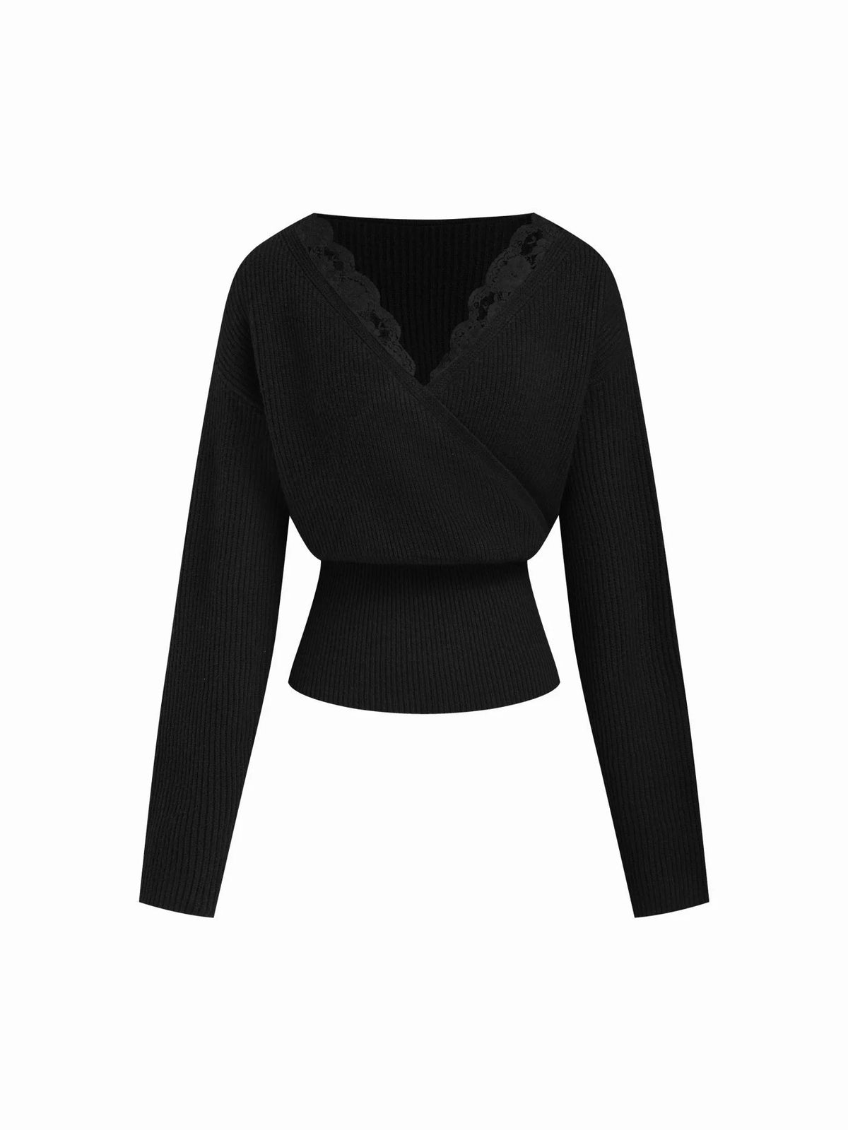 Knit V-neck Solid Lace Trim Wrap Long Sleeve Top
