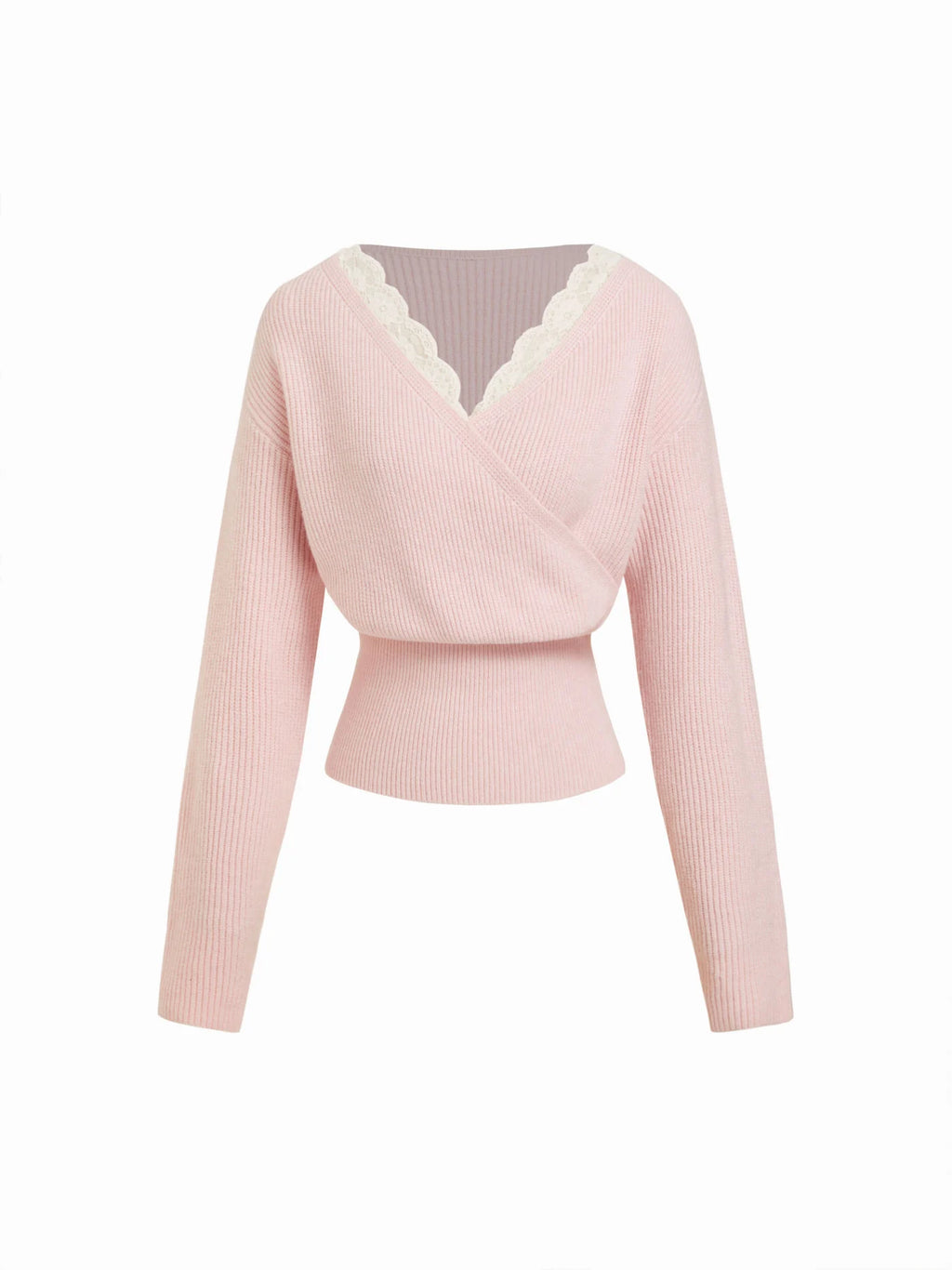 Knit V-neck Solid Lace Trim Wrap Long Sleeve Top
