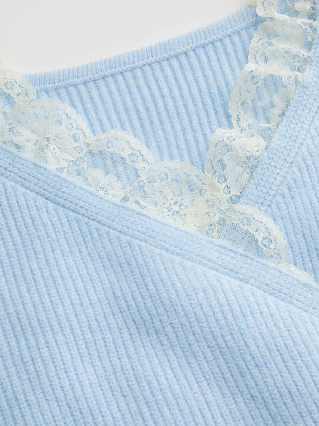 Knit V-neck Solid Lace Trim Wrap Long Sleeve Top