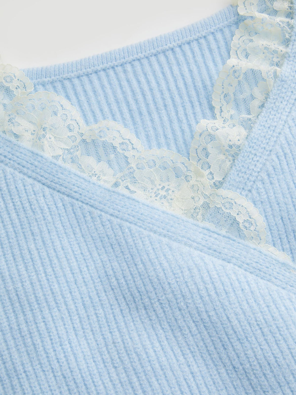Knit V-neck Solid Lace Trim Wrap Long Sleeve Top