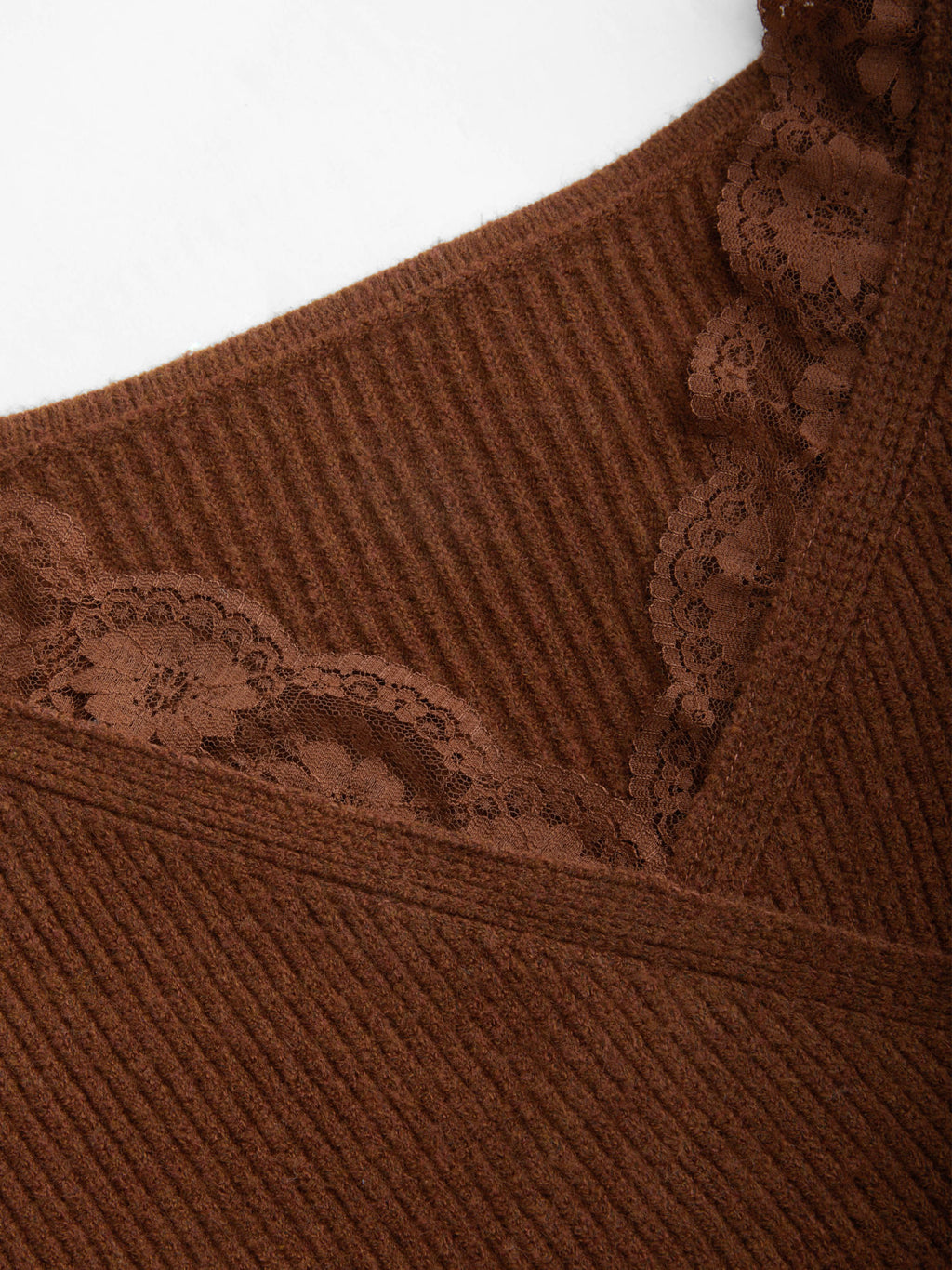 Knit V-neck Solid Lace Trim Wrap Long Sleeve Top