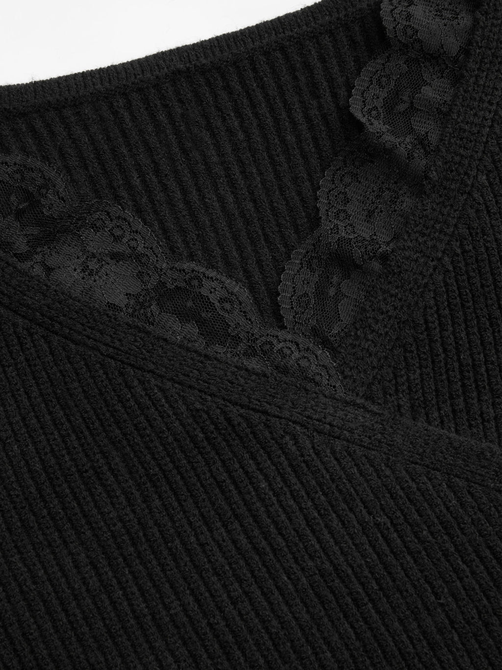 Knit V-neck Solid Lace Trim Wrap Long Sleeve Top