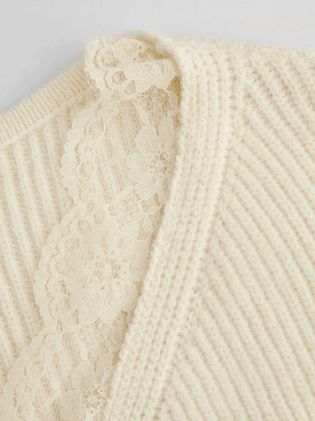 Knit V-neck Solid Lace Trim Wrap Long Sleeve Top