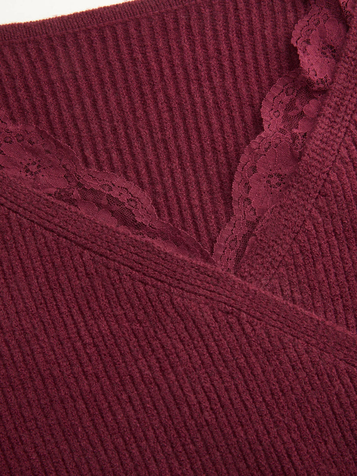 Knit V-neck Solid Lace Trim Wrap Long Sleeve Top
