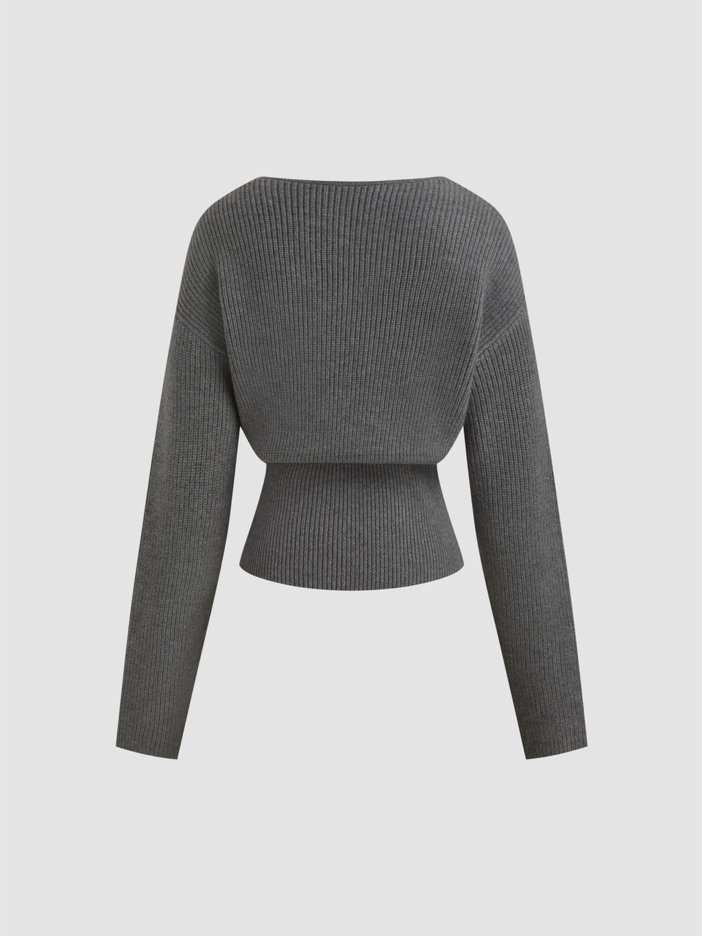 Knit V-neck Solid Lace Trim Wrap Long Sleeve Top
