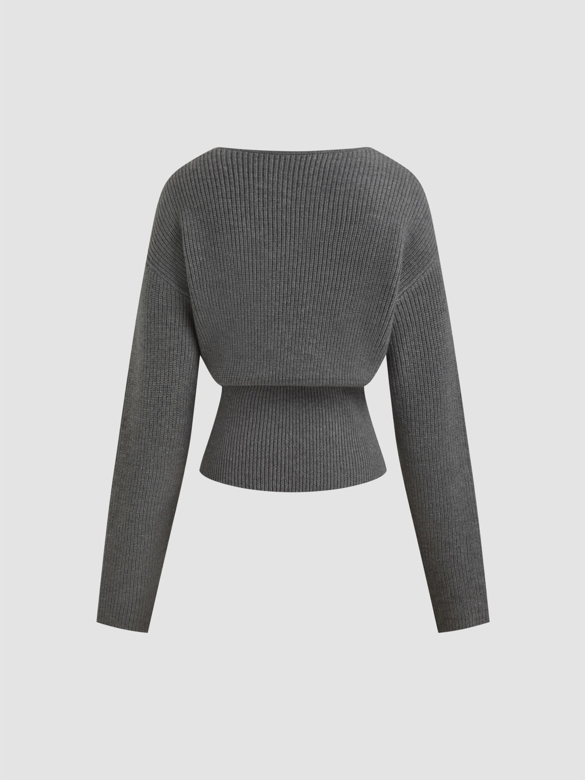Knit V-neck Solid Lace Trim Wrap Long Sleeve Top