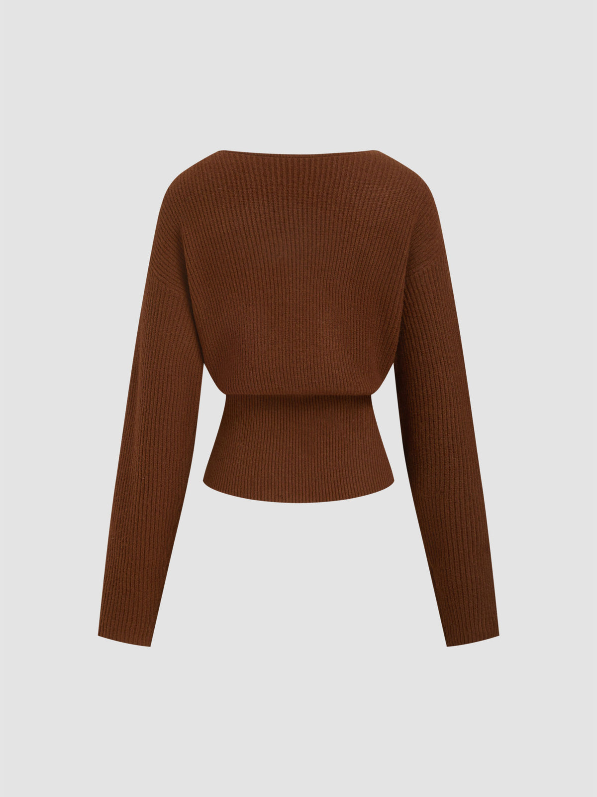 Knit V-neck Solid Lace Trim Wrap Long Sleeve Top